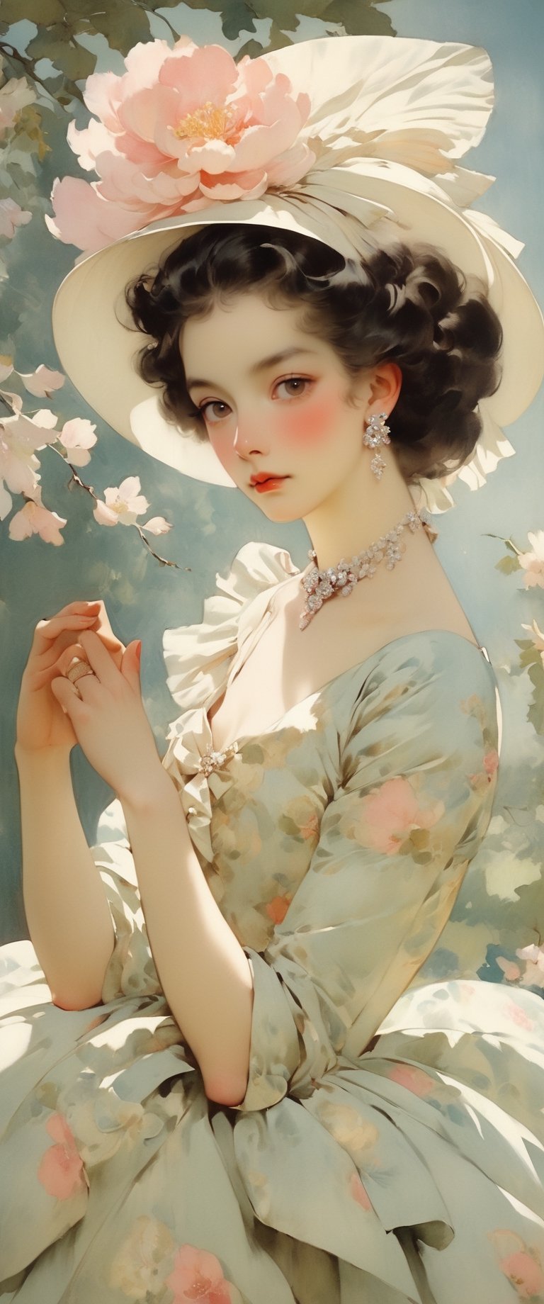 Very beautiful, perfect face, rococo masterpiece, soft colors, insanely detailed portrait beauty style Coby Whitmore, Christian Dior, Fragonard, Edmund Dulac, ball gown, jewelry, calligraphic, dainty, ornate, flirtatious pose. Delicate face, sakura fascinator, garden of delights, beautiful patterns, fairytale background.

