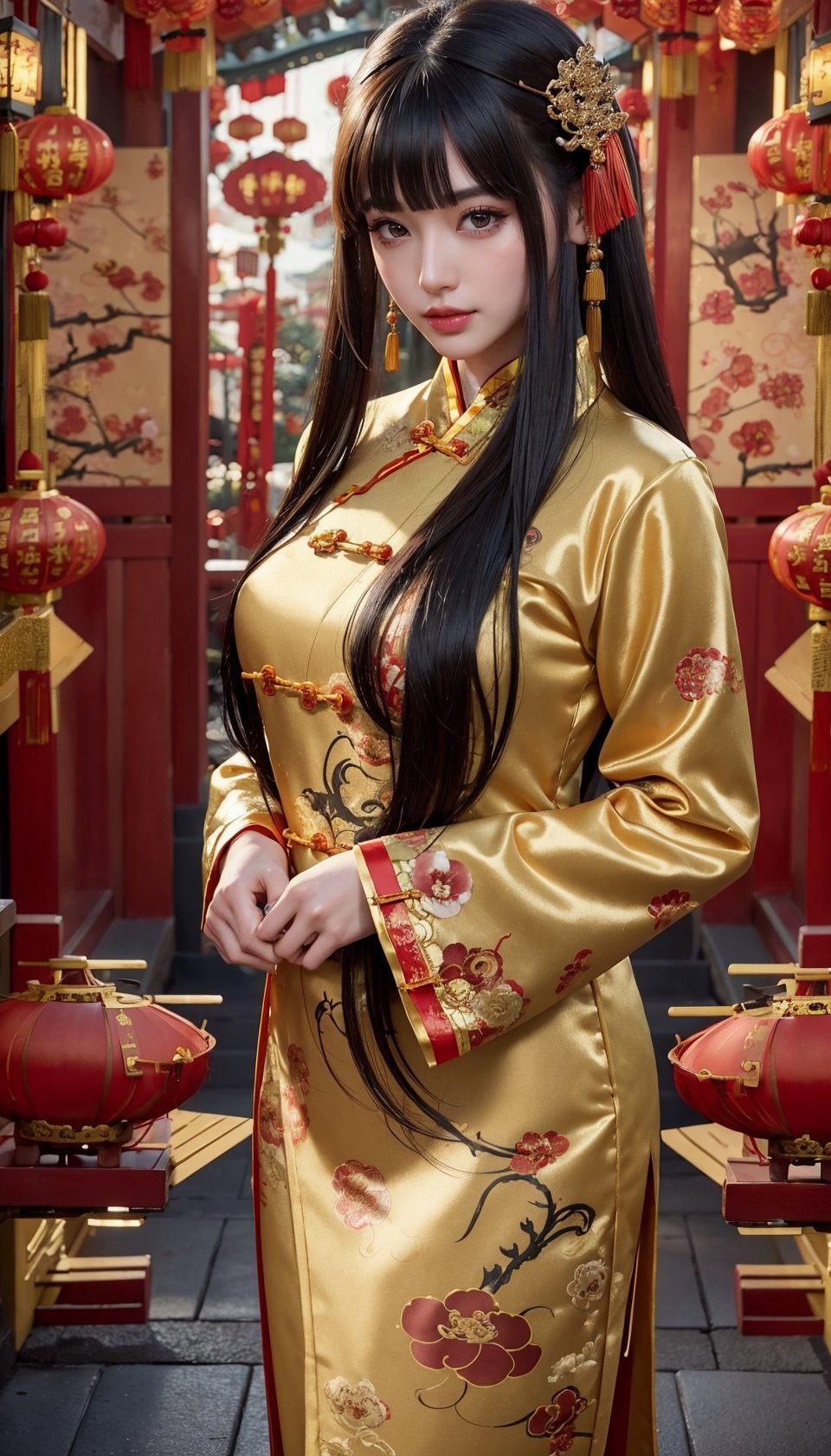 (masterpiece, top quality, best quality, official art, beautiful and aesthetic:1.2), hdr, high contrast, wideshot, 1girl, long straight black hair with blunt bangs, looking at viewer, light smile, clearly brown eyes, longfade eyebrow, soft make up, ombre lips, hourglass body, large breast, (chinese new year theme:1.5), finger detailed, subsurface dragon, background detailed, ambient lighting, extreme detailed, cinematic shot, realistic ilustration, (soothing tones:1.3), (hyperdetailed:1.2), subsurface golden dragon