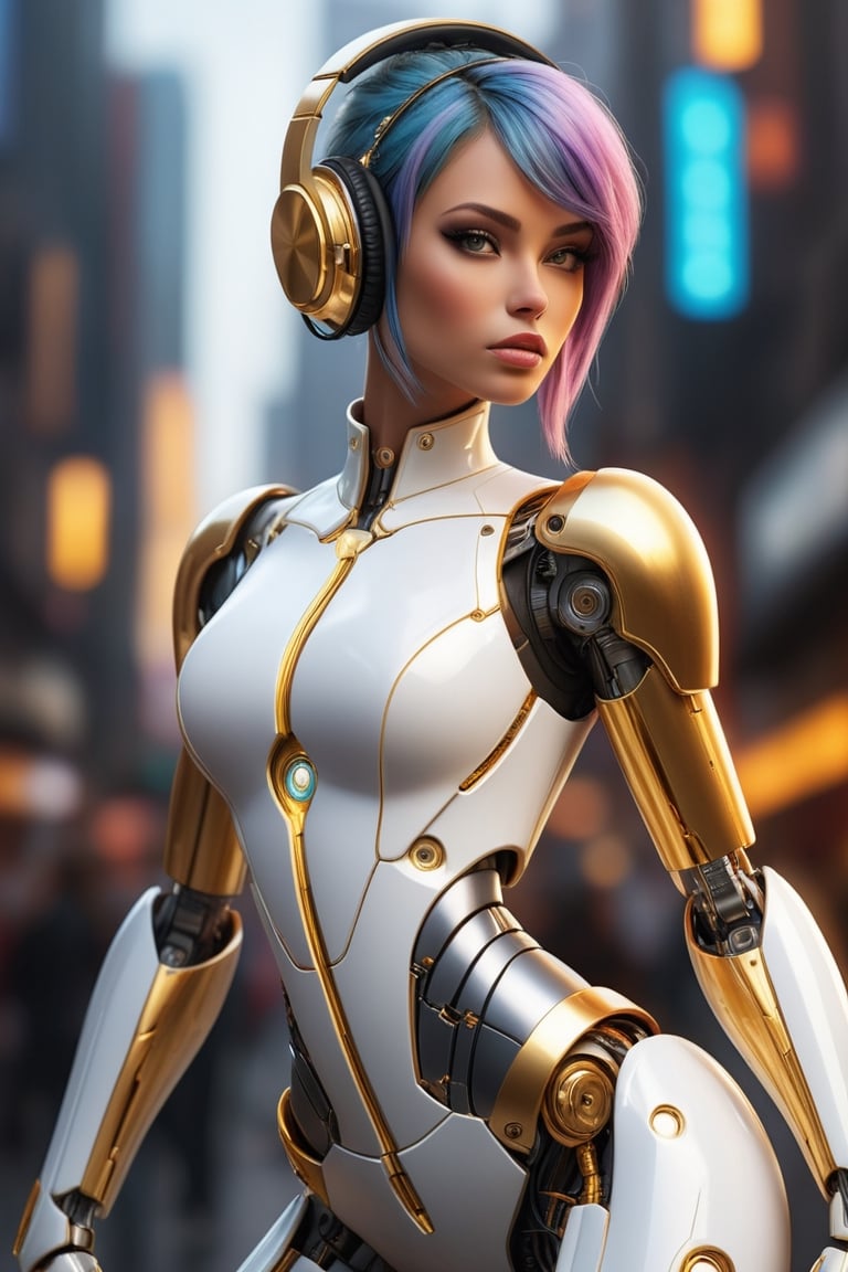 funky musician humanoid hd wallpapers, in the style of hyper-realistic pop, cyberpunk muscian, lisa holloway, white and gold, zoomed out, full body realistic hyper-detail.,Robot ,ROBOT