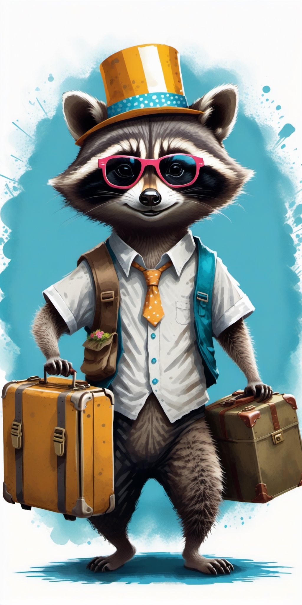 "Imagine a raccoon bidding farewell with style, wearing wedding-themed sunglasses and a farewell party hat. Picture the raccoon carrying a suitcase filled with unexpected items, all while exuding swag. Craft a funny scene capturing the raccoon's uniquely stylish and humorous departure." , perfect background matching with racoon appearance 