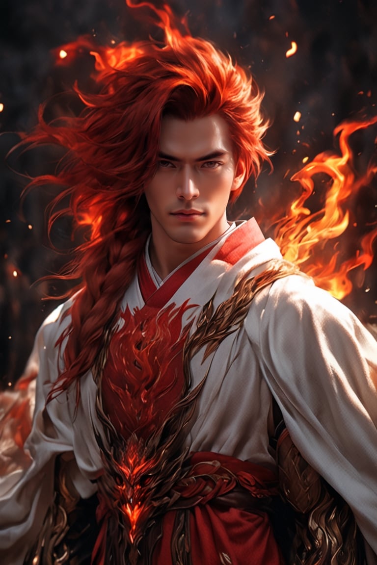 1boy, short korean hair, looking at viewer, bangs, long white sleeves. behind him there is flaming Phenix, hair between eyes, full lenght body, braid, red hair, wide sleeves, hollow, robe, red robe, shallows depth of field, dramatic light, perfect composition