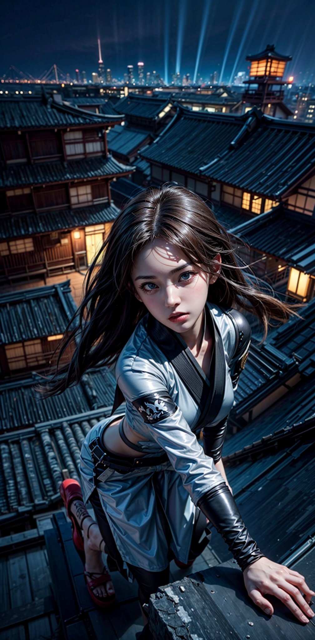 masterpiece, best quality,1 girl, kunoichi, white clothes,contrast, rooftop ancient japan, ,yuzu, dynamic move, at night, landscape photo, (sharp contras),cyberpunk, detailed face, beautiful eyes, realistic,