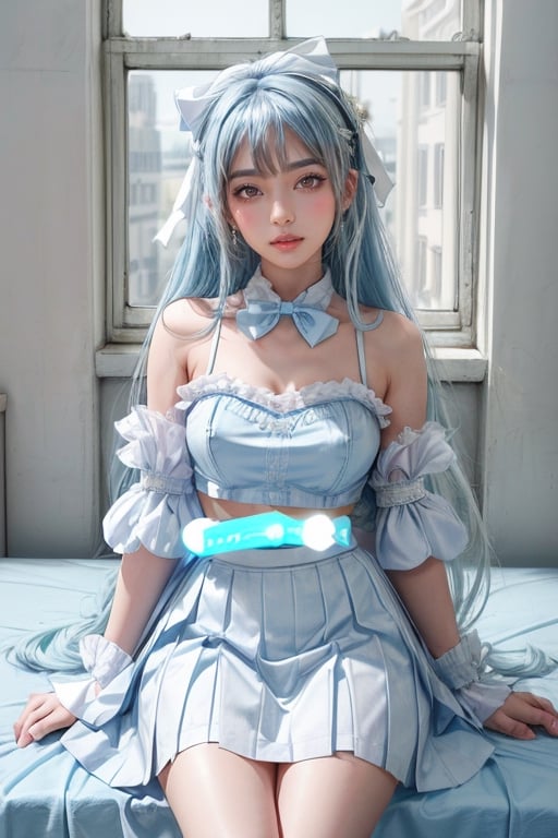 (best quality, masterpiece, ultra quality) long light blue hair, white bag, queendom (love live!), inboxDollPlayset Quiron, UHD quality, light blue crop top, hsort white skirt, white bow, 