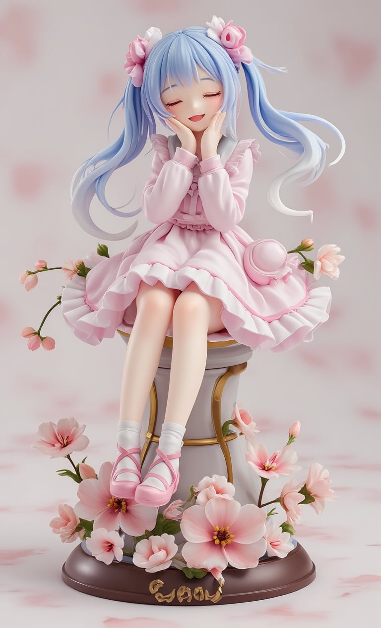 Real photo, stunning image, sharp image, masterpiece, cute anime style girl realistic figure, full body, random hairstyle, random hair color, smile, detailed in every detail, created by Takumi's technique, random clothes , flowers, made of resin, on a pedestal, decorated pedestal, simple background, sitting, gradient paper background, random pose