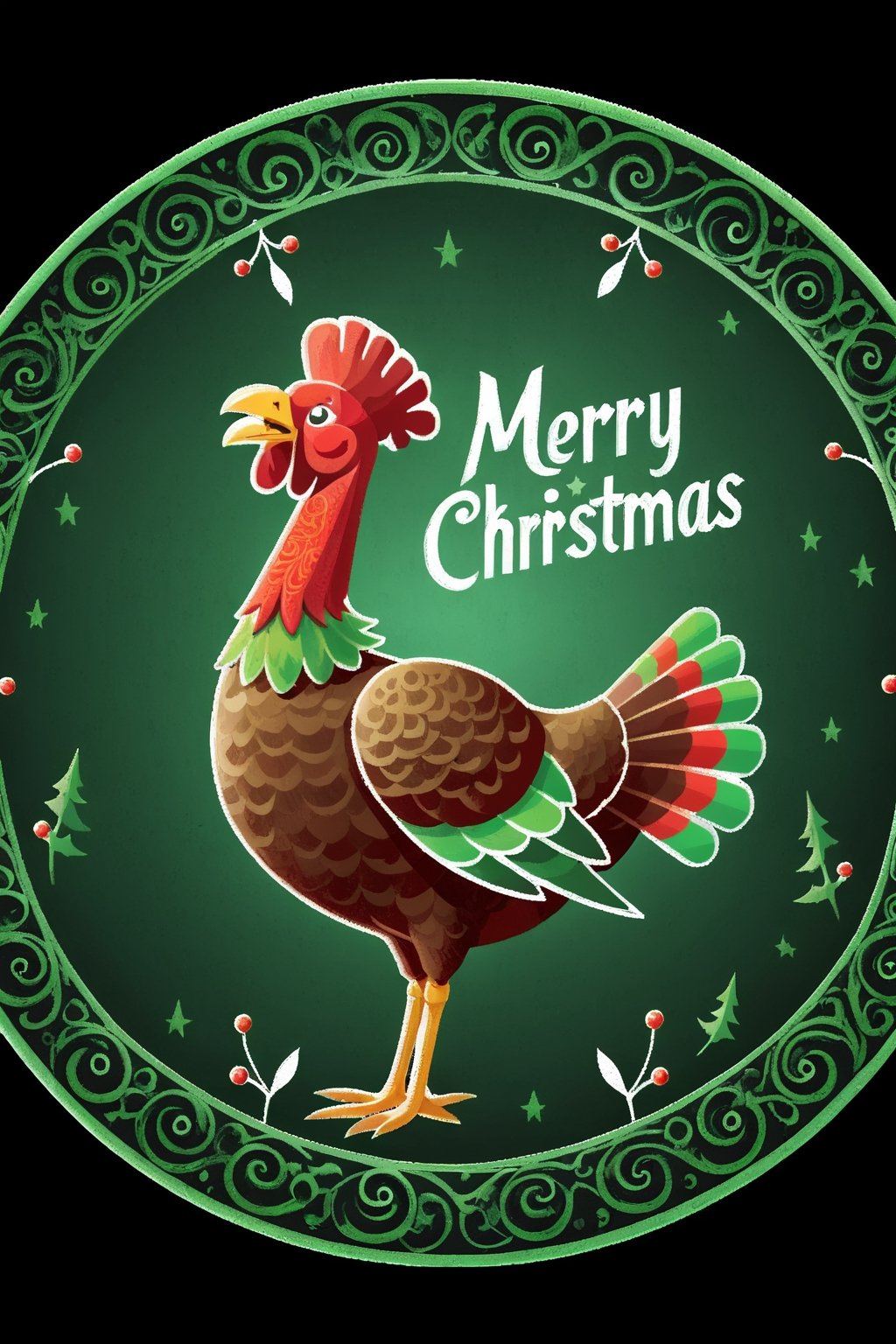 ("MERRY CHIRSTMAS" text logo: 1.3), red, green, black background, (simple background: 1.5), metal, intricate pattern, a badass Christmas turkey and the text: ("MERRY CHIRSTMAS").