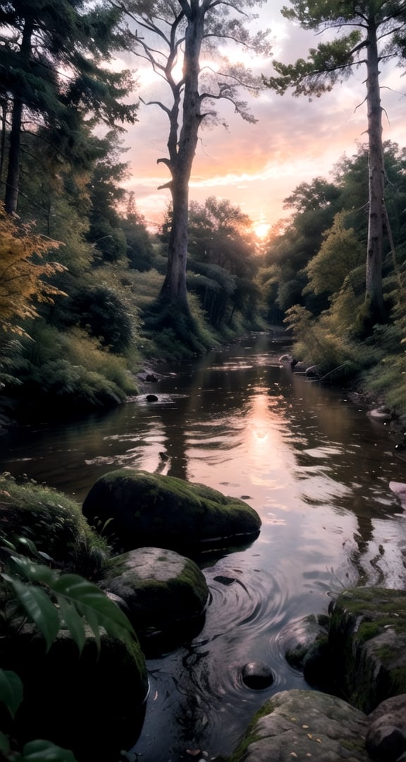 centered, photography, raw photo, | sunset cozy forest, trees, leaf, river, riverflow, rock path, | aesthetic vibe, sunset ilumination, blue and pink color shade, | bokeh, depth of field, 