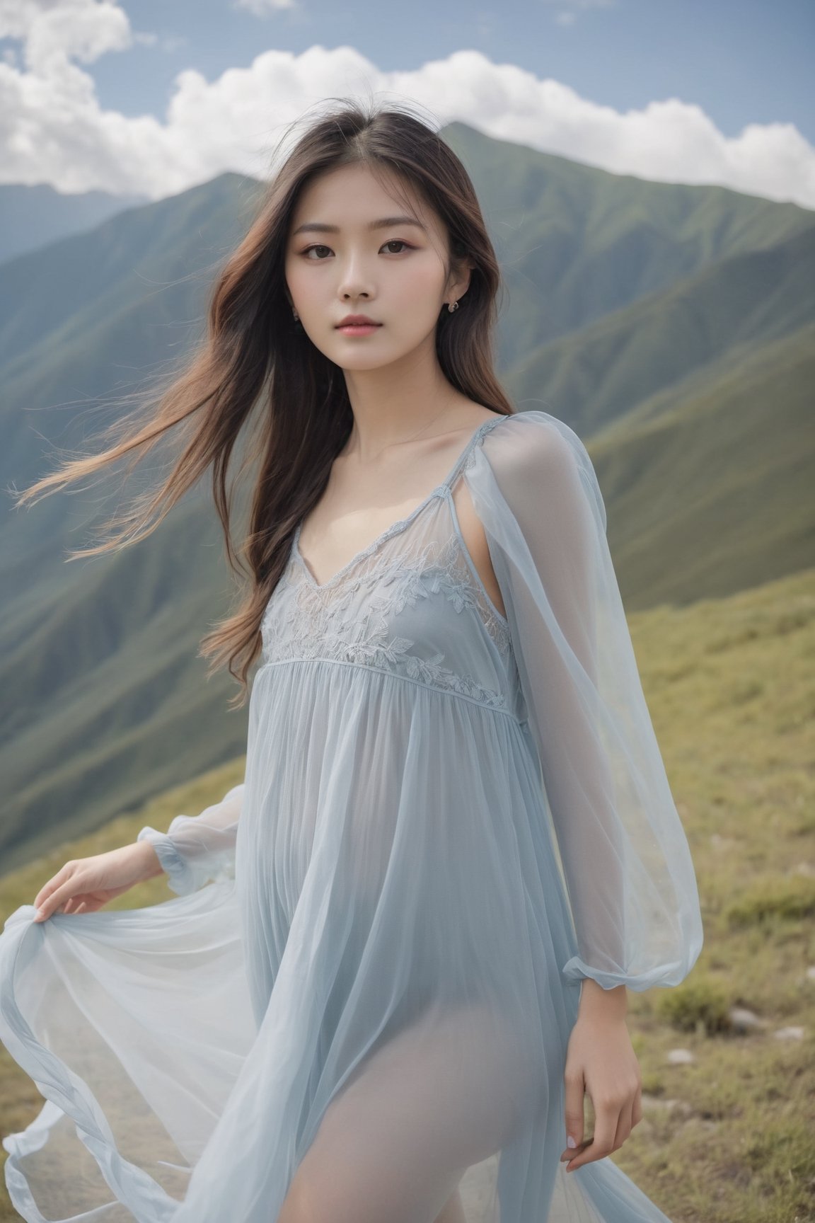 25 years old girl wear babydoll dress thin see through gown in the mountains, hair flying in the wind, 