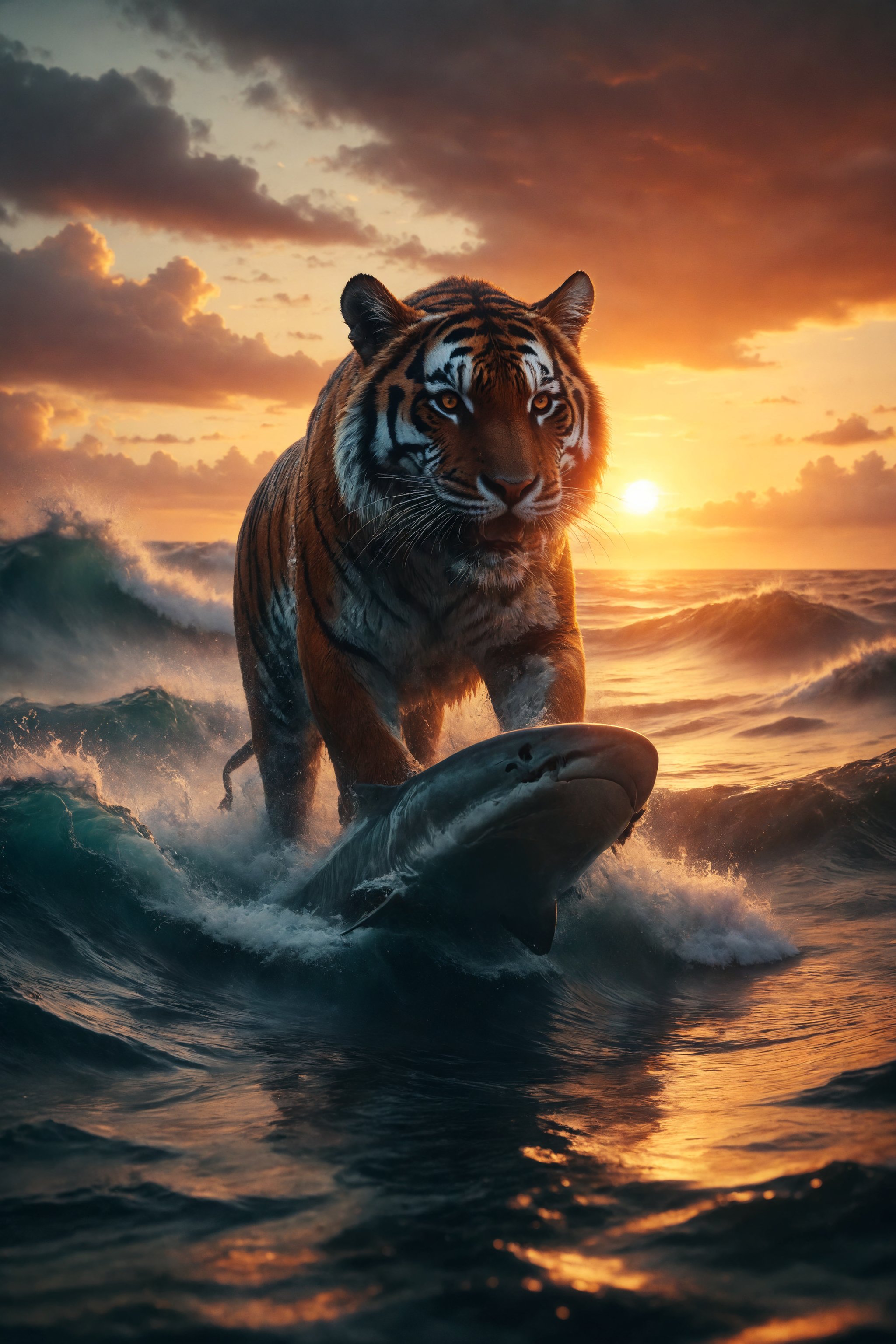 Generate an image of a tiger with the fins of a shark riding the waves of the ocean at sunset.