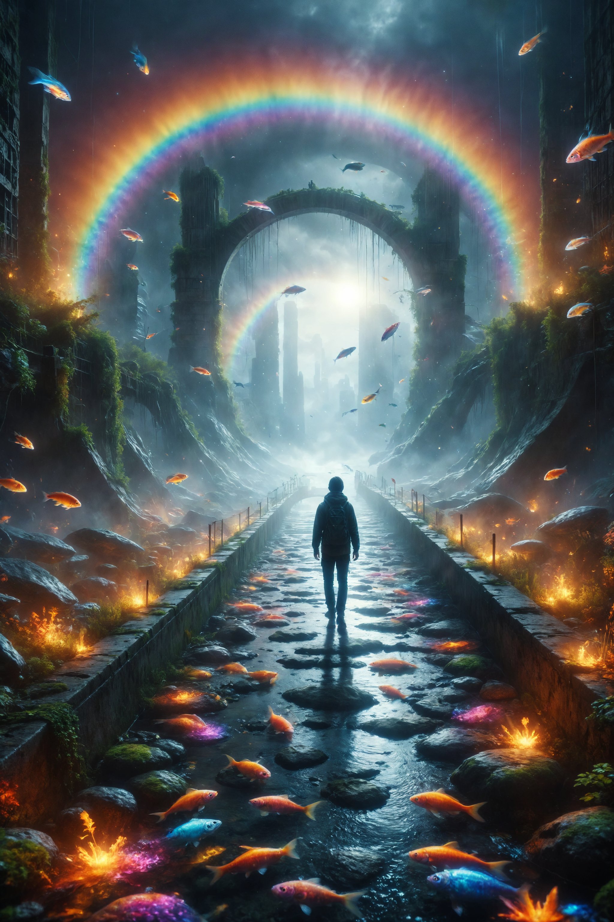 Design a scene of a person walking on a rainbow bridge over a river full of glowing fish.