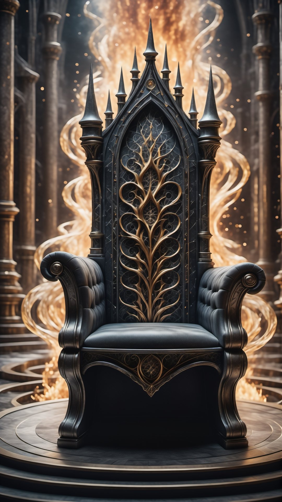 (best quality,  highres,  ultra high resolution,  masterpiece,  realistic,  extremely photograph,  detailed photo,  8K wallpaper,  intricate detail,  film grains),  High definition photorealistic photography of ultra luxury,  Design concept of premium collectible Gothic and Medieval-style throne, set in a chaotic environment with swirling fire particles and a Gothic castle in the background. A luxurious design featuring marble,  glass,  and golden metal,  with black and white details. The design is inspired by the main stage of Tomorrowland 2022,  with ultra-realistic gothic details and a high level of intricacy in the image.