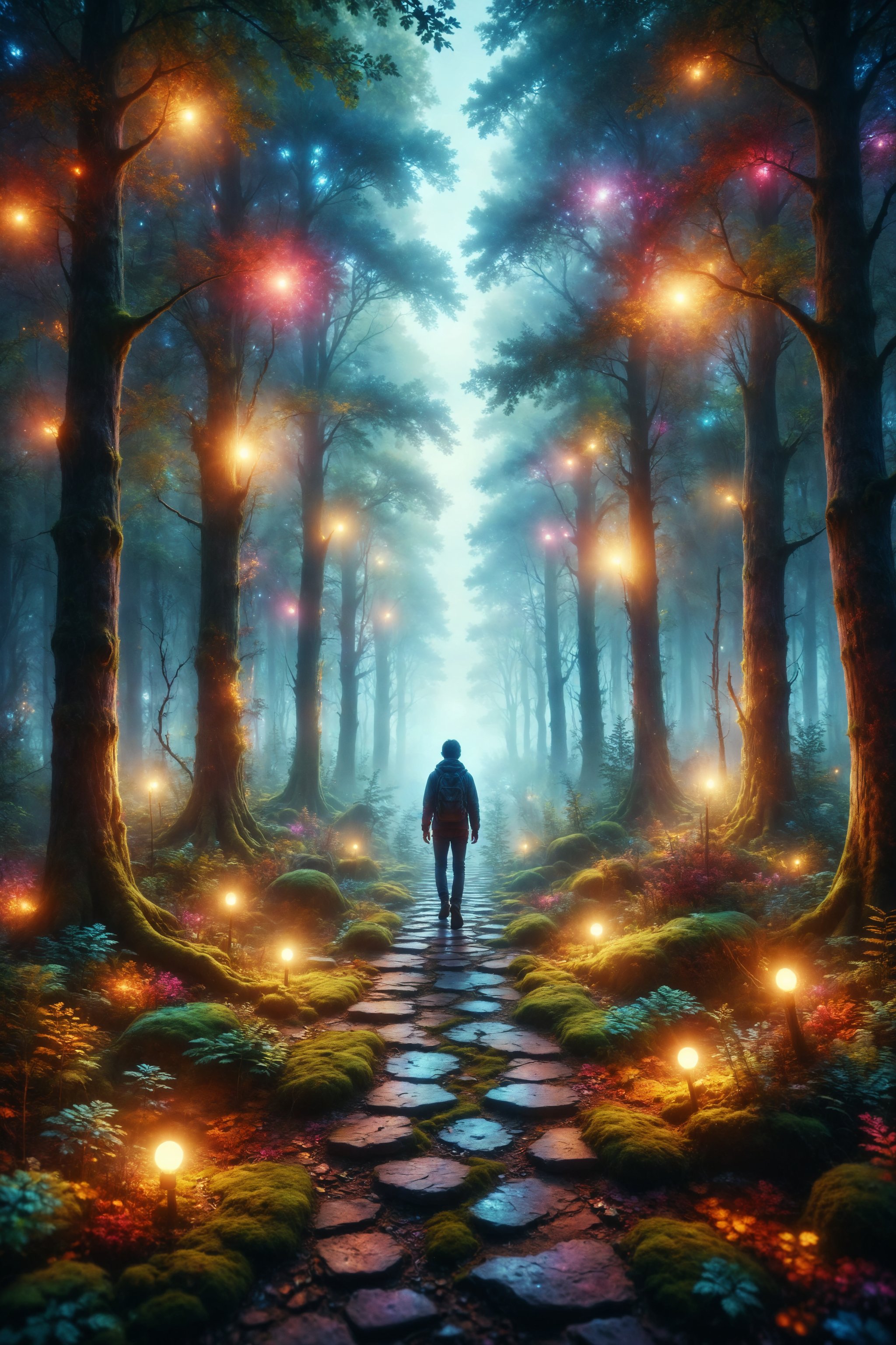 Design a scene of a person walking on a path of colored lights in a magical forest.