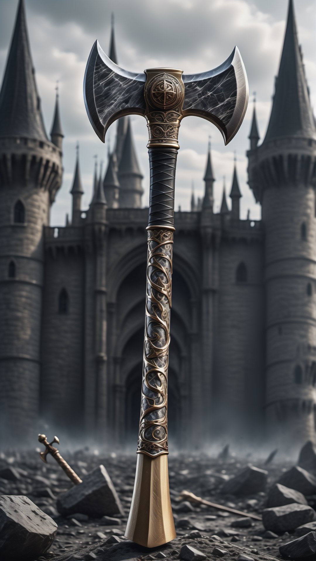 (best quality,  highres,  ultra high resolution,  masterpiece,  realistic,  extremely photograph,  detailed photo,  8K wallpaper,  intricate detail,  film grains),  High definition photorealistic photography of ultra luxury,  Design concept of premium collectible Gothic and Medieval-style axe and sword,  set in a chaotic environment with swirling fire particles and a Gothic castle in the background. A luxurious design featuring marble,  glass,  and golden metal,  with black and white details. The design is inspired by the main stage of Tomorrowland 2022,  with ultra-realistic gothic details and a high level of intricacy in the image.