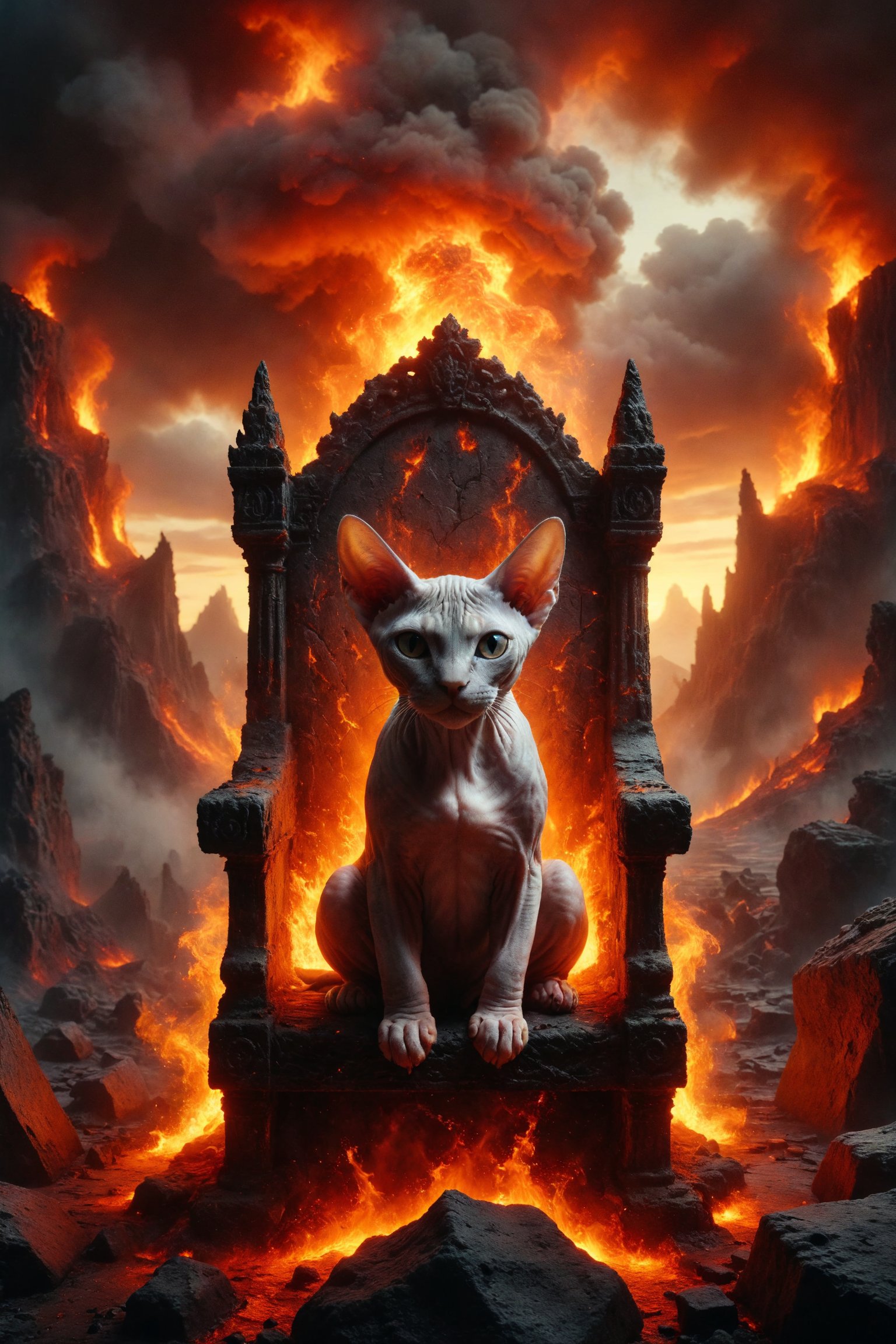 Generate a surreal image of a Sphynx cat with fire skin resting on a throne of lava in an enchanted castle deep within an active volcano in a realm of fire and magma.