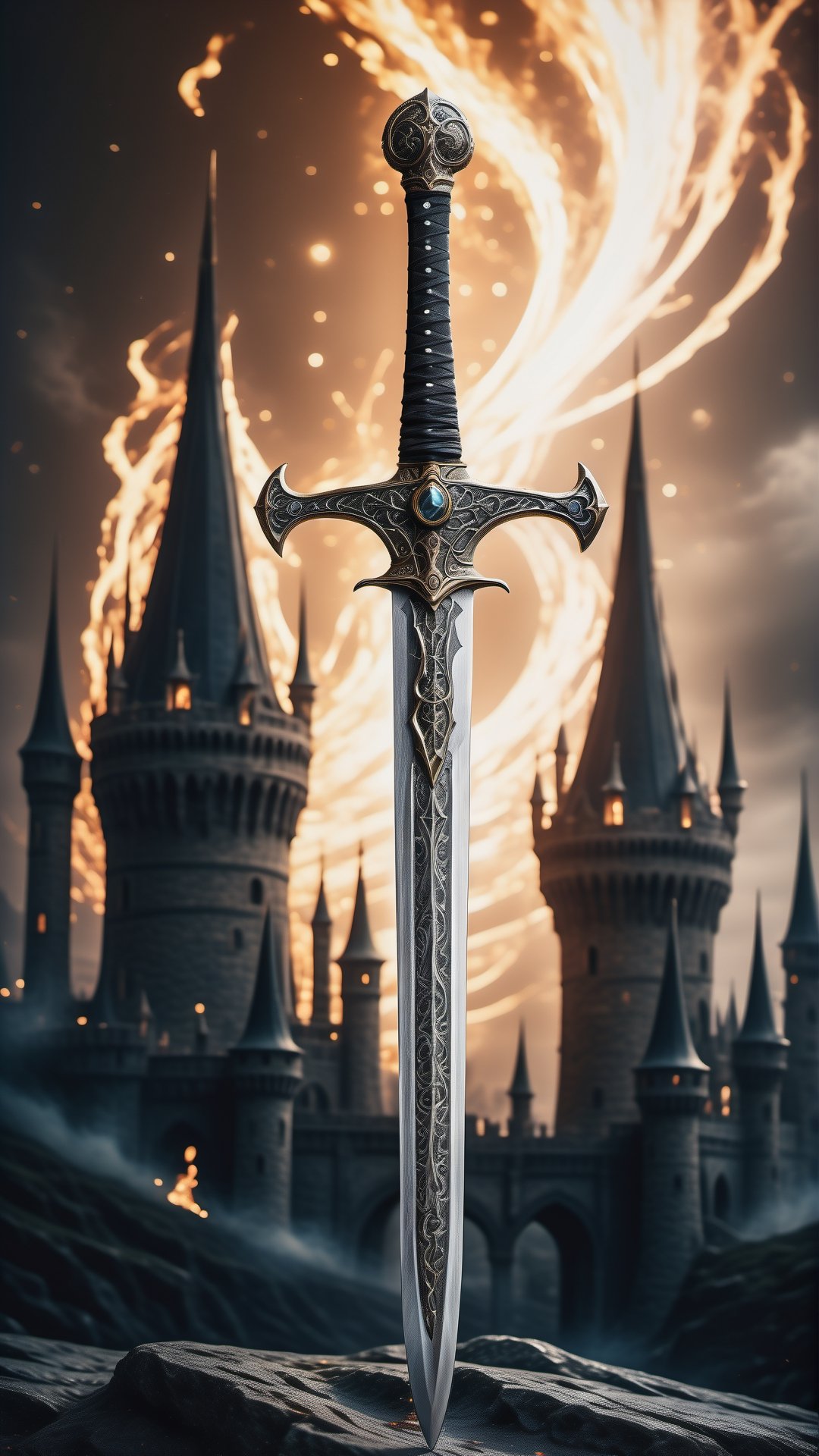 (best quality,  highres,  ultra high resolution,  masterpiece,  realistic,  extremely photograph,  detailed photo,  8K wallpaper,  intricate detail,  film grains),  High definition photorealistic photography of ultra luxury,  Design concept of premium collectible Gothic and Medieval-style sword, set in a chaotic environment with swirling fire particles and a Gothic castle in the background. A luxurious design featuring marble,  glass,  and golden metal,  with black and white details. The design is inspired by the main stage of Tomorrowland 2022,  with ultra-realistic gothic details and a high level of intricacy in the image.