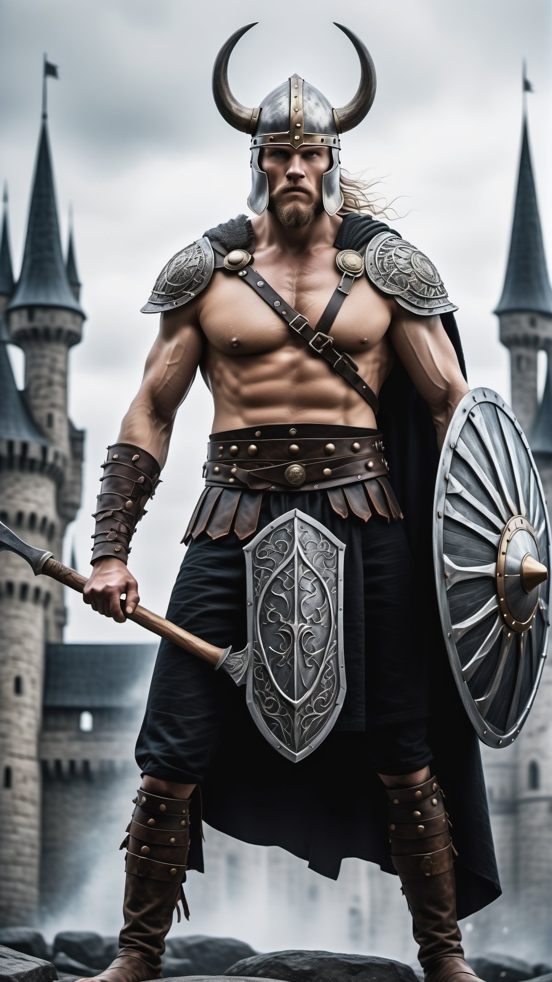 (best quality,  highres,  ultra high resolution,  masterpiece,  realistic,  extremely photograph,  detailed photo,  8K wallpaper,  intricate detail,  film grains),  High definition photorealistic photography of ultra luxury,  Design concept of premium collectible Gothic and Medieval-style viking gladiator men full body with Shield and axe, set in a chaotic environment with swirling fire particles and a Gothic castle in the background. A luxurious design featuring marble,  glass,  and golden metal,  with black and white details. The design is inspired by the main stage of Tomorrowland 2022,  with ultra-realistic gothic details and a high level of intricacy in the image.
