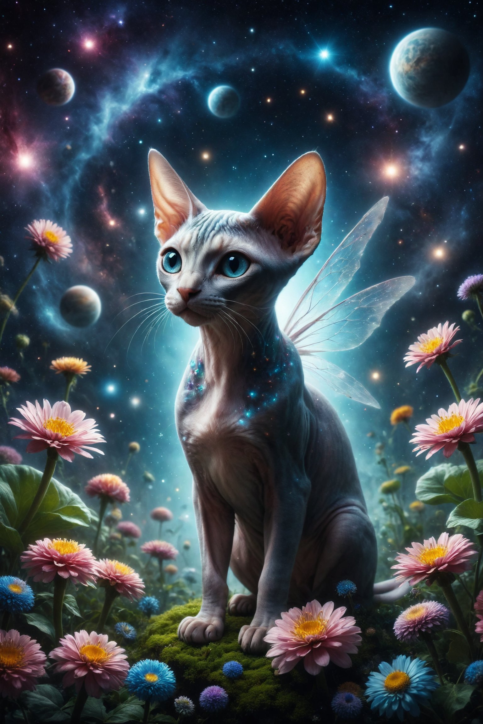 Create an illustration of a Sphynx cat with fairy wings exploring a floating garden in space, filled with cosmic flowers and planets suspended in the stellar ether.