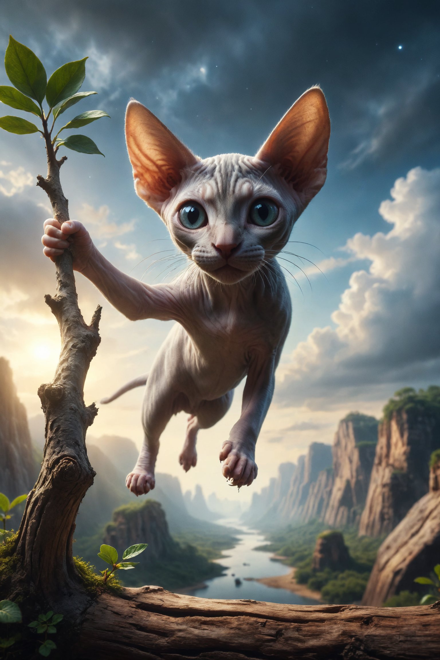 Design an image of a young Sphynx cat excitedly holding a wooden branch, looking towards an open horizon, symbolizing curiosity, adventure and new beginnings.