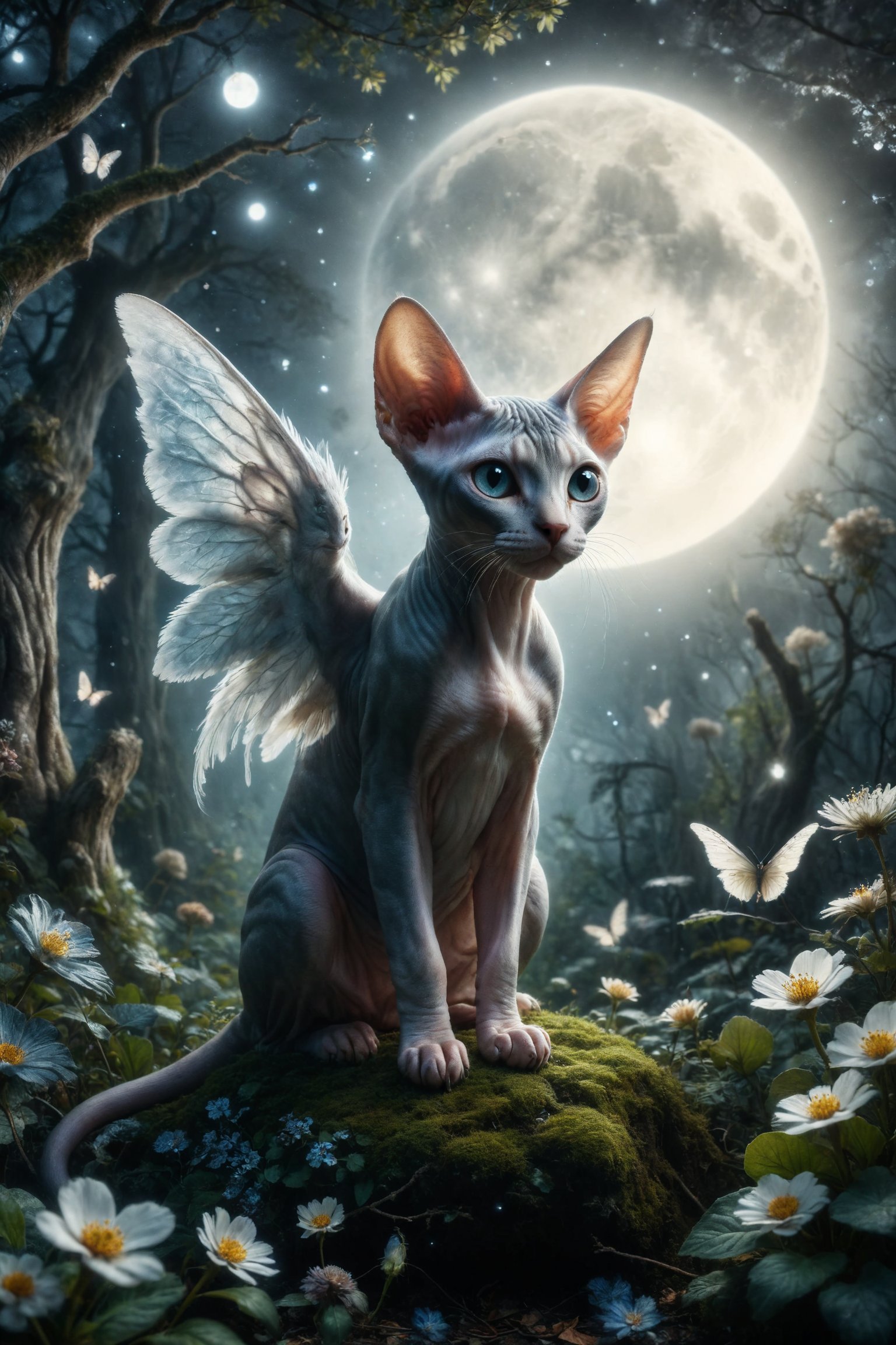 Create an illustration of a Sphynx cat with angel wings resting on a tree branch in a full moon garden, while nocturnal creatures sing mystical melodies under the silver light.