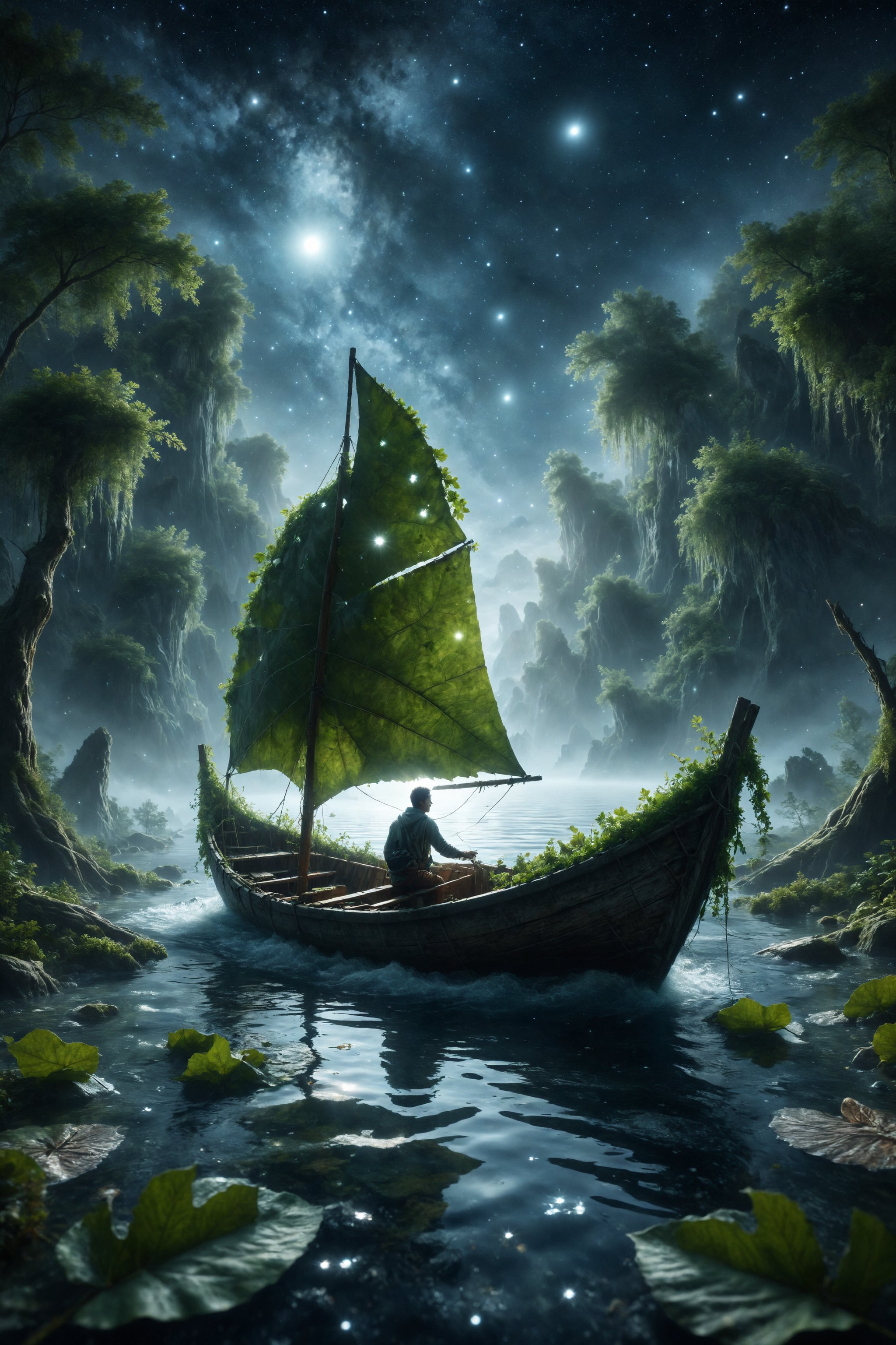 Design a scene of a person sailing in a boat made of giant leaves on a crystal river under a starry sky.