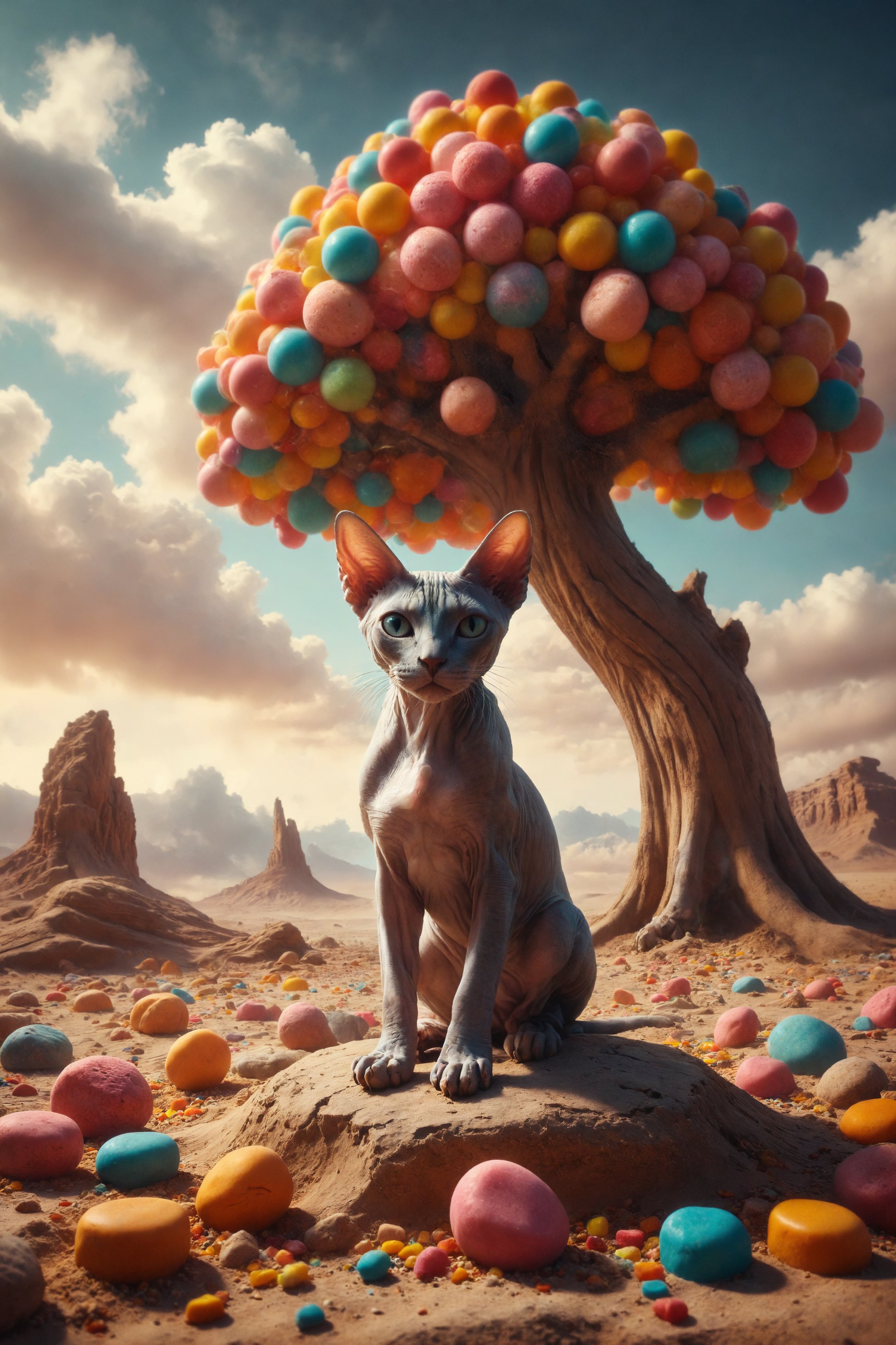 Generate a surreal image of a Sphynx cat with tree trunk legs, resting on a rock in a caramel desert under a sky of colorful candies.