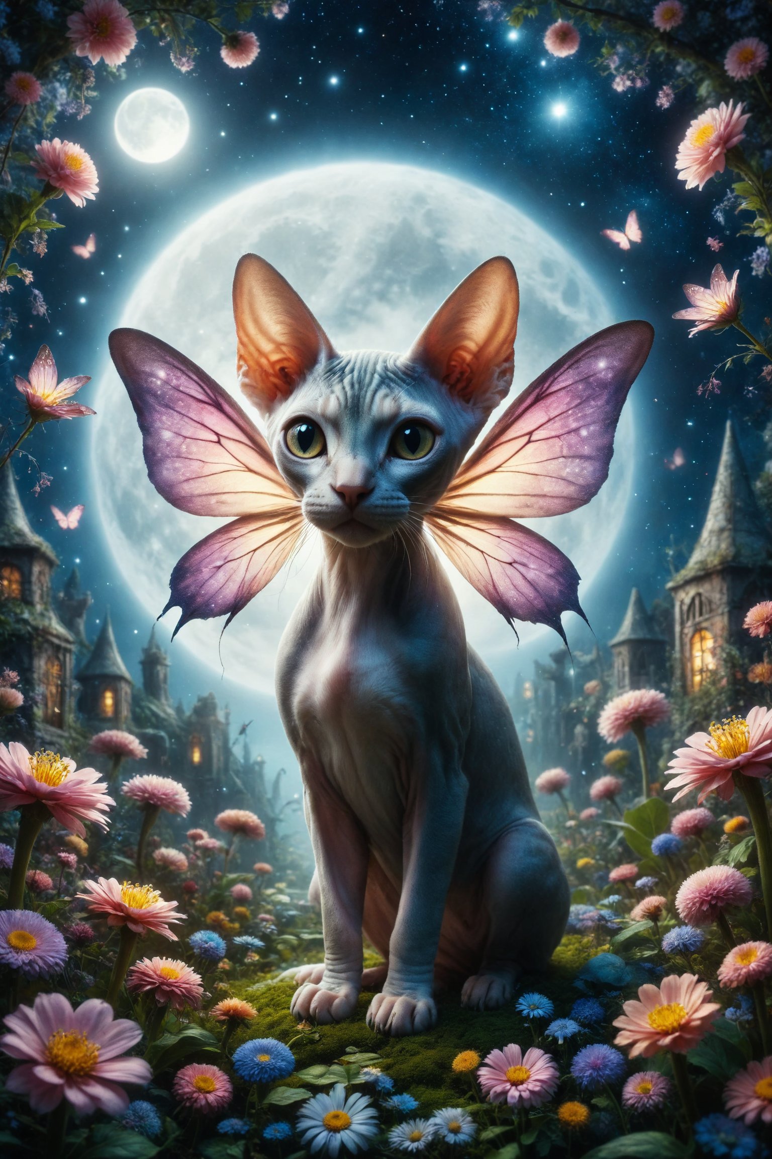 Design a dreamy scene where a Sphynx cat with fairy wings plays in a dream garden full of bright flowers and magical creatures, while the full moon shines in the night sky.