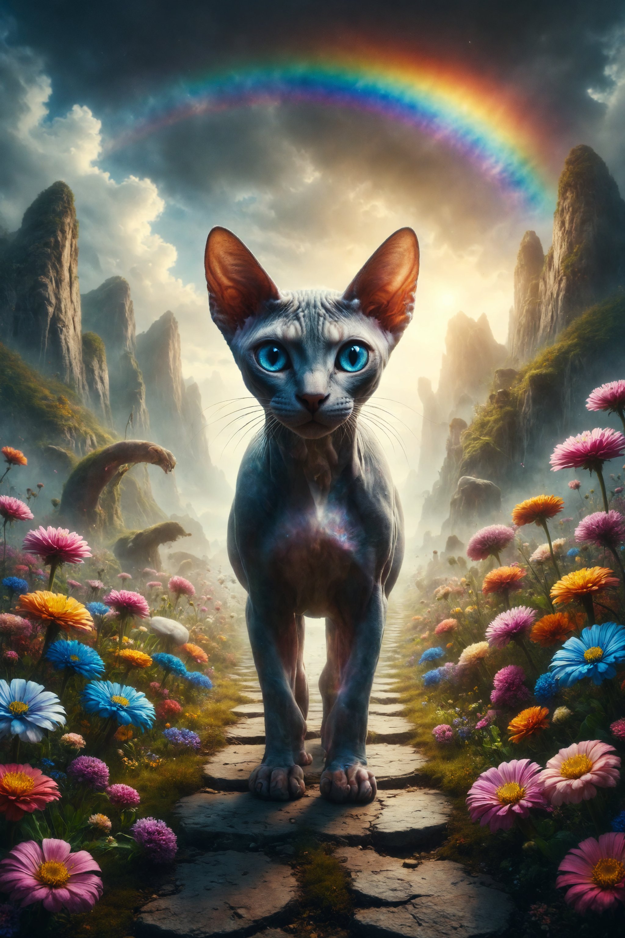 Generate a surreal image of a Sphynx cat with crystal eyes, walking across a rainbow bridge spanning a valley of flowers in a fantasy world.