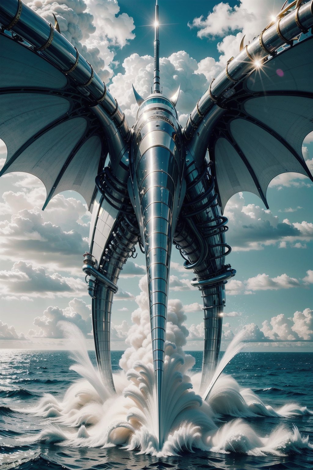 Photorealistic high definition render of a luxury mega yacht gladiator explorer in the center, with wings, gold, white, black, turquoise, surreal concept on a private beach, very sculptural and with fluid and organic shapes, with symmetrical curves in the shape of dragon wings inspired by Zaha Hadid's style, gold, with black and white details. building inside the yacht and a rocket, The design is inspired by the main stage of Tomorrowland 2022, with ultra-realistic Art Deco details and a high level of image complexity.