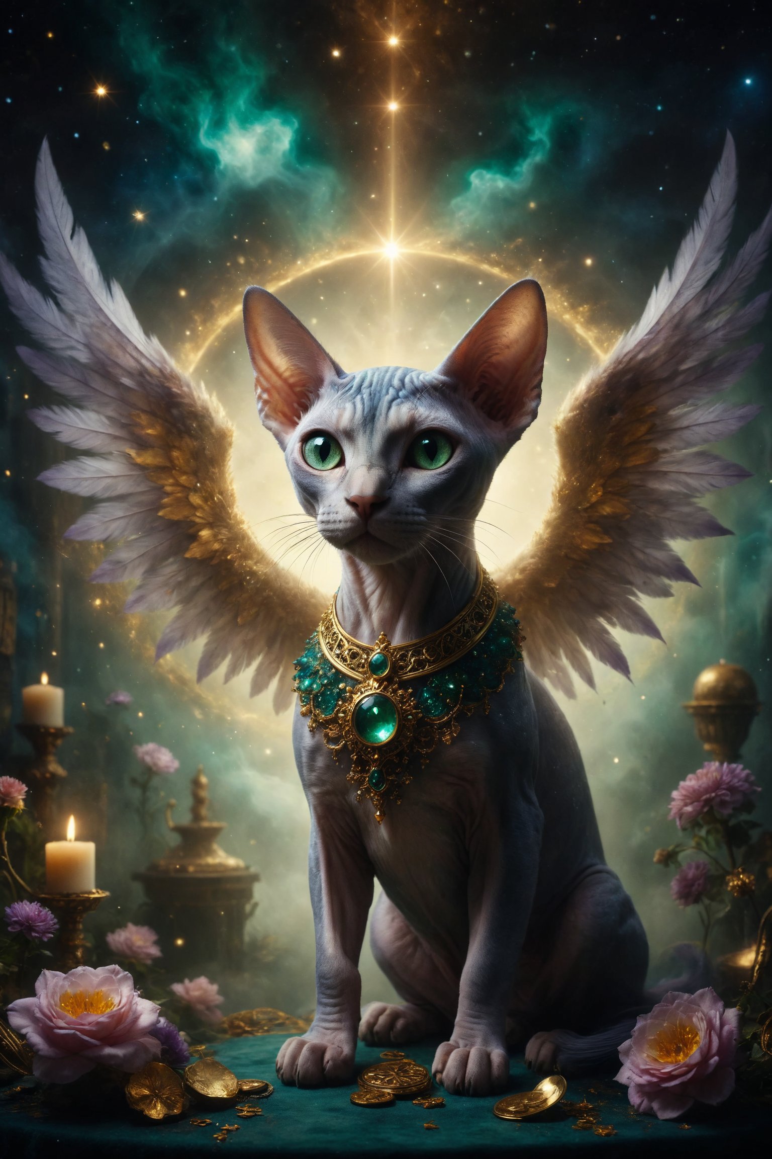 The central image should be a majestic Sphynx cat with wing majestic whit, a starry background and astrological symbols. The cat wears a golden crown and is surrounded by a halo of golden light. mistic smoke aura, At the bottom, he added subtle, ornate floral details in gold and emerald tones. with magic particles, and smoke, fabric luxury, Use deep, rich colors such as dark blue, deep purple and gold to give a sense of mystery and spirituality. The design should evoke a sense of luxury and magic, inviting the user to explore the world of tarot with reverence and wonder.