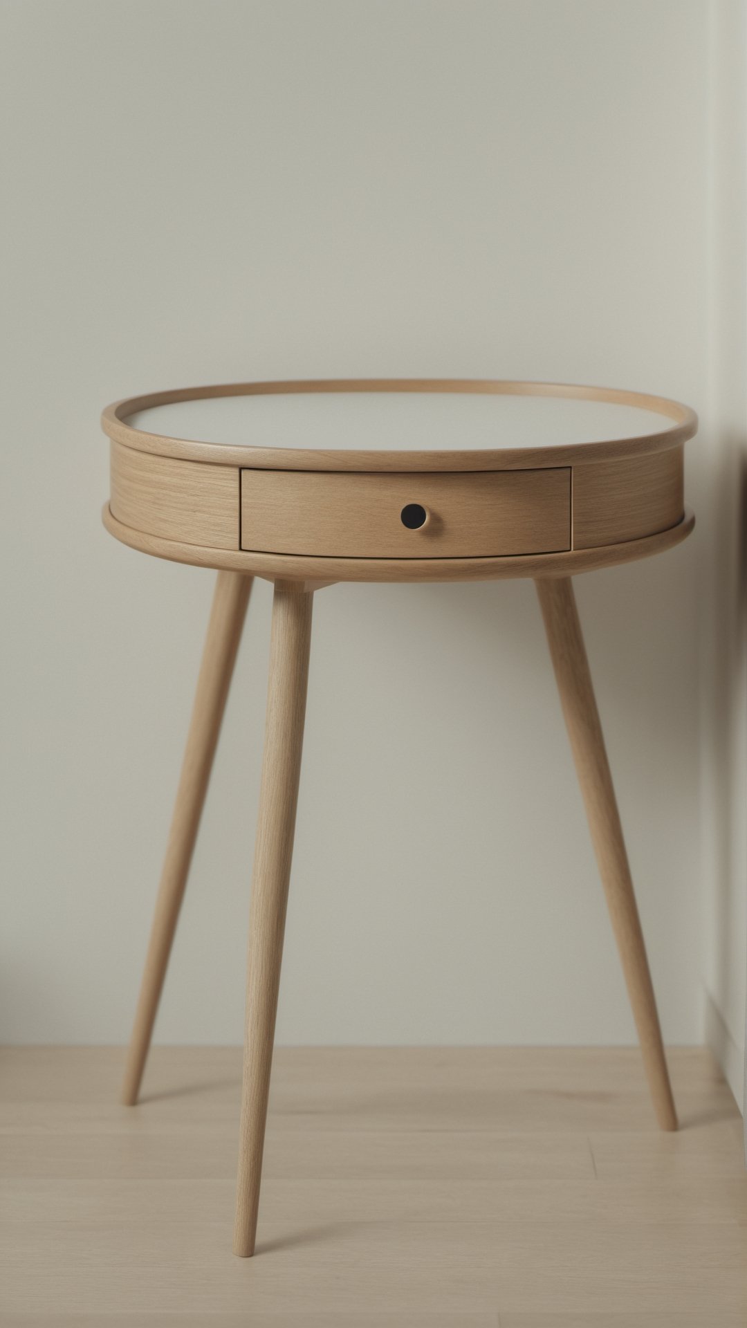 (best quality, high resolution, ultra high resolution, masterpiece, realistic, extremely detailed photography, 8K wallpaper, intricate details, film grains), high definition photorealistic photography of a Side table design concept, Completely made of wood with a Scandinavian style, rounded corners, fine carpentry and pastel colors. A photographic scene designed with advanced photography parameters, CGI and VFX, in high definition, guaranteeing impeccable execution and a high level of image complexity.