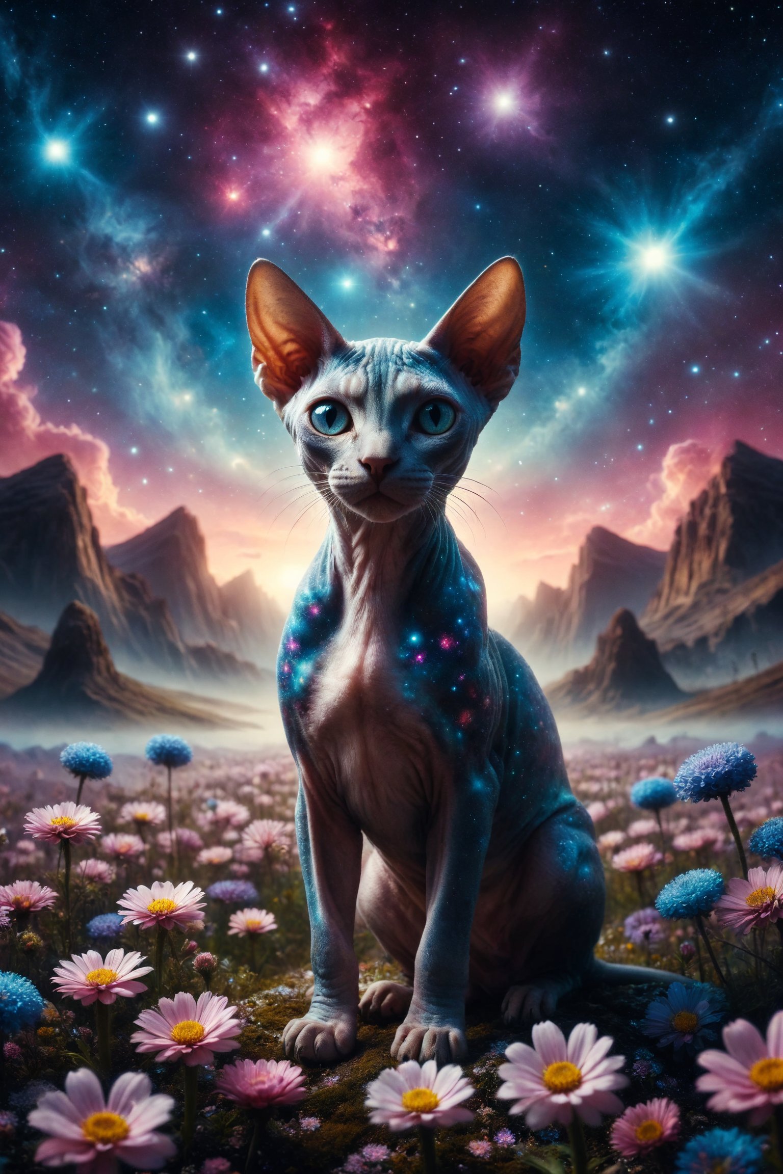 Generate a surreal image of a Sphynx cat with galaxy skin nestled in a field of crystal flowers on a distant planet, while stars twinkle on the infinite horizon.