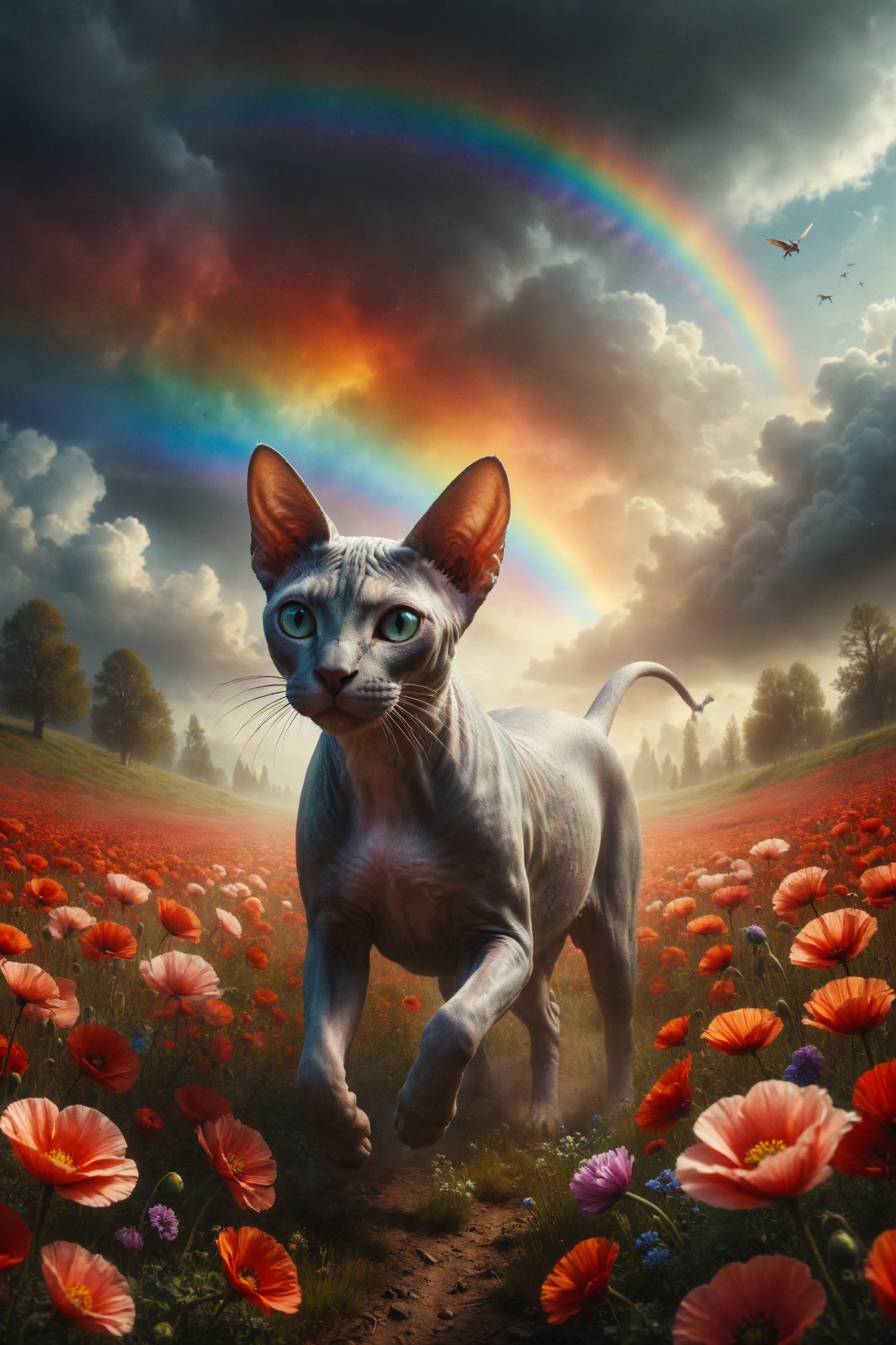 Generate a surreal image of a Sphynx cat with unicorn horns, galloping through a field of poppies under a rainbow in a fantasy world.