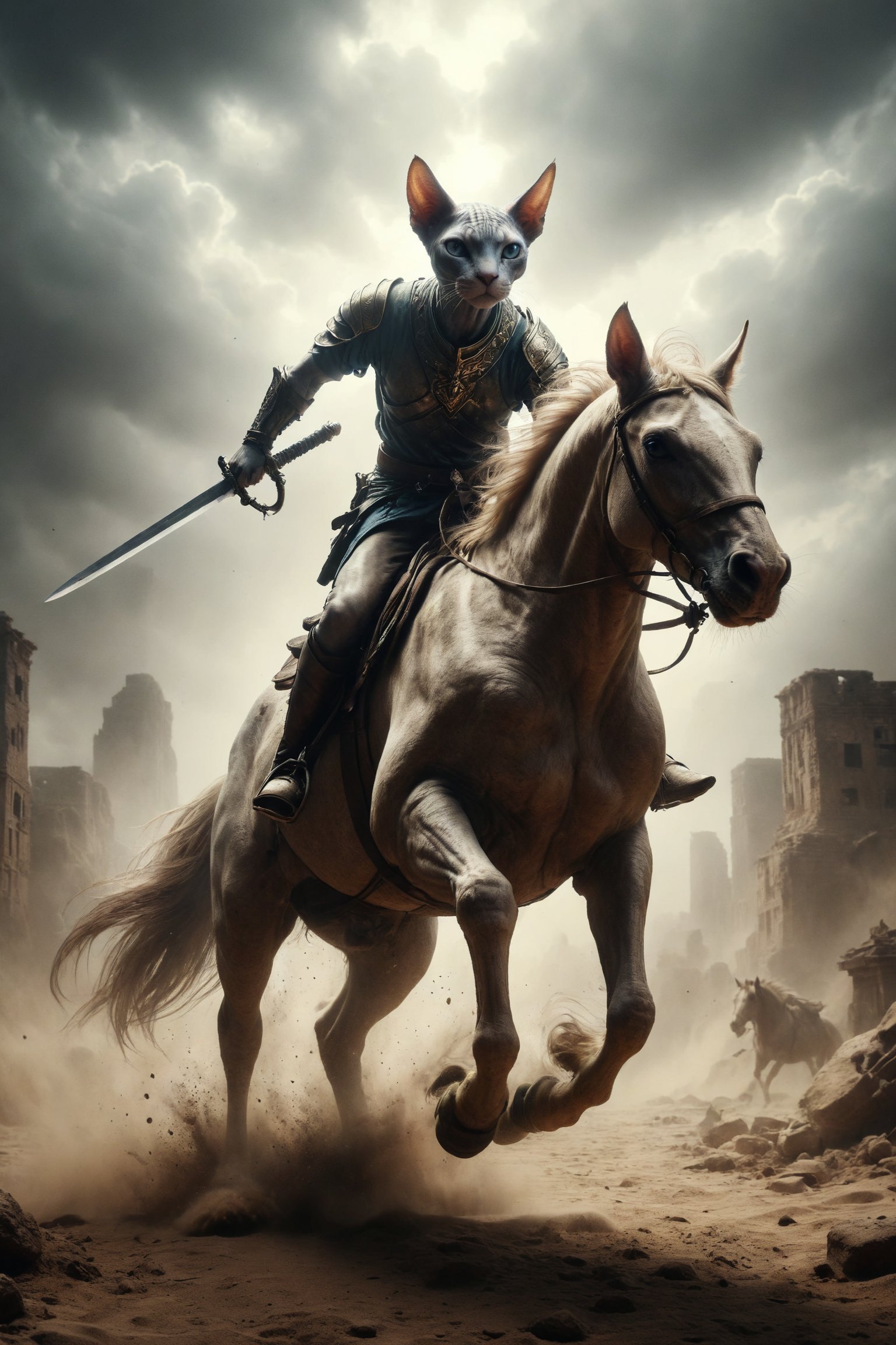 Generate a scene of a Sphynx cat riding a galloping horse, holding a sword high and advancing with determination, symbolizing swift action, resolve, and the pursuit of truth.