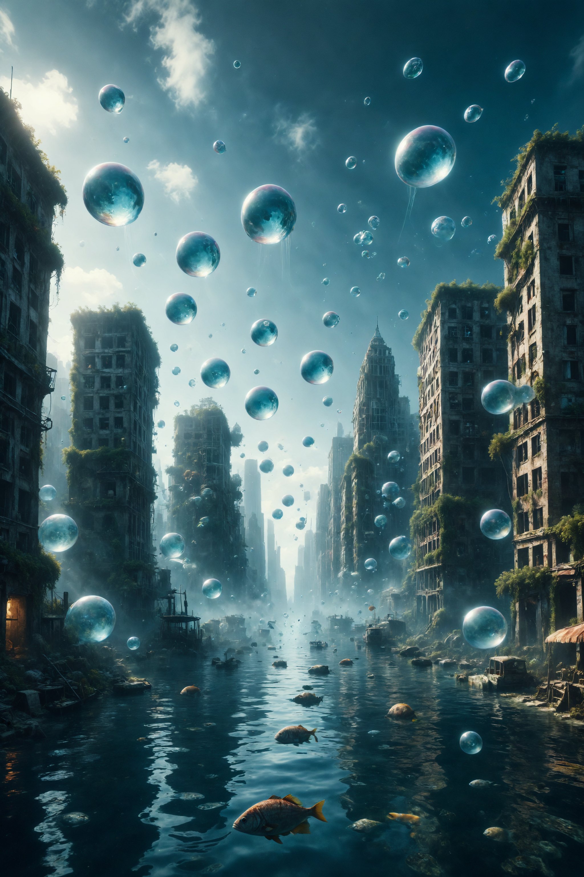 Generate an image of an underwater city where buildings are bubbles of air and the inhabitants are fish wearing neckties.