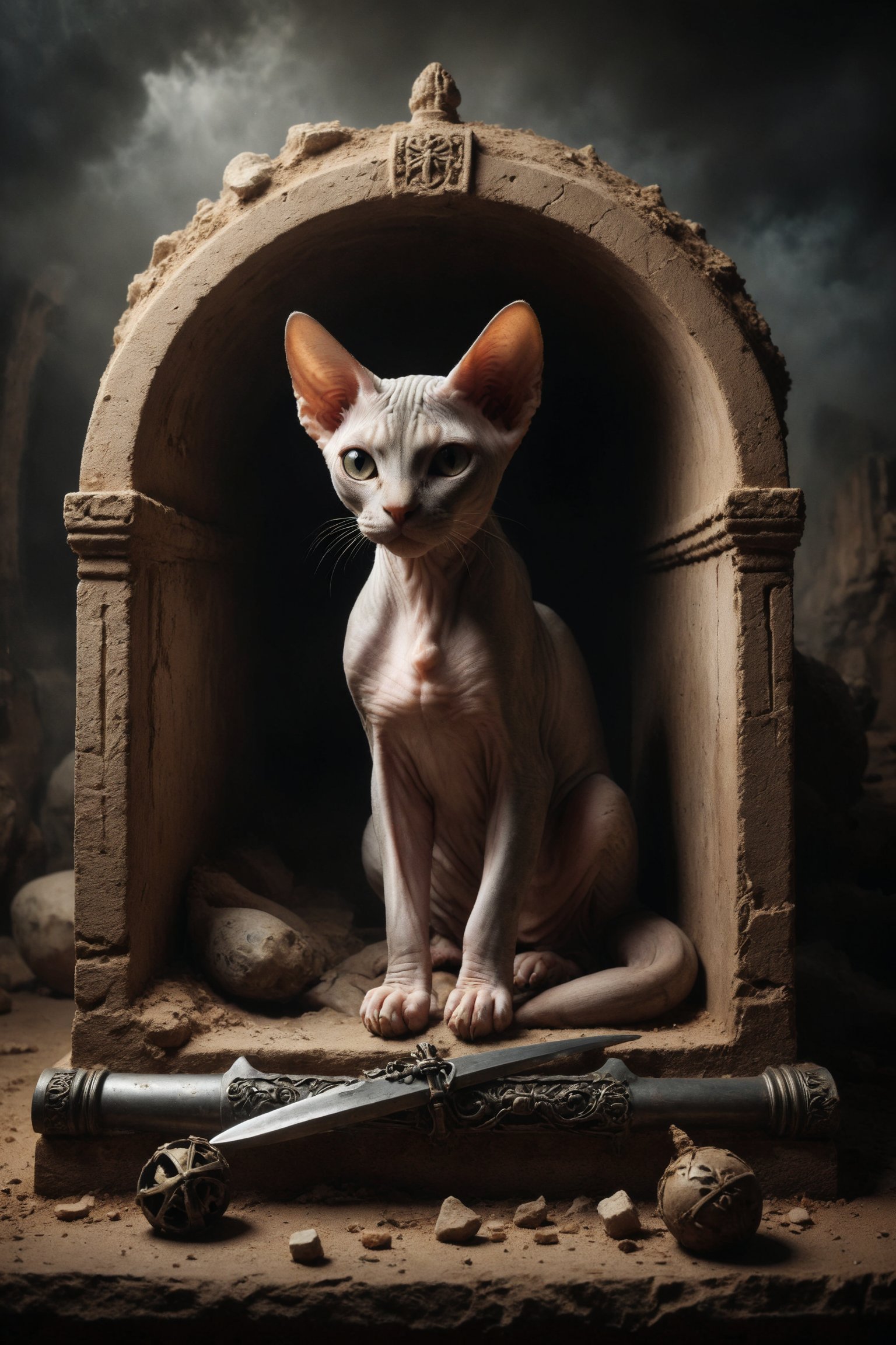 Create a scene of a Sphynx cat resting in a sarcophagus, with four swords crossed over it, symbolizing rest, meditation, and the need for recuperation.