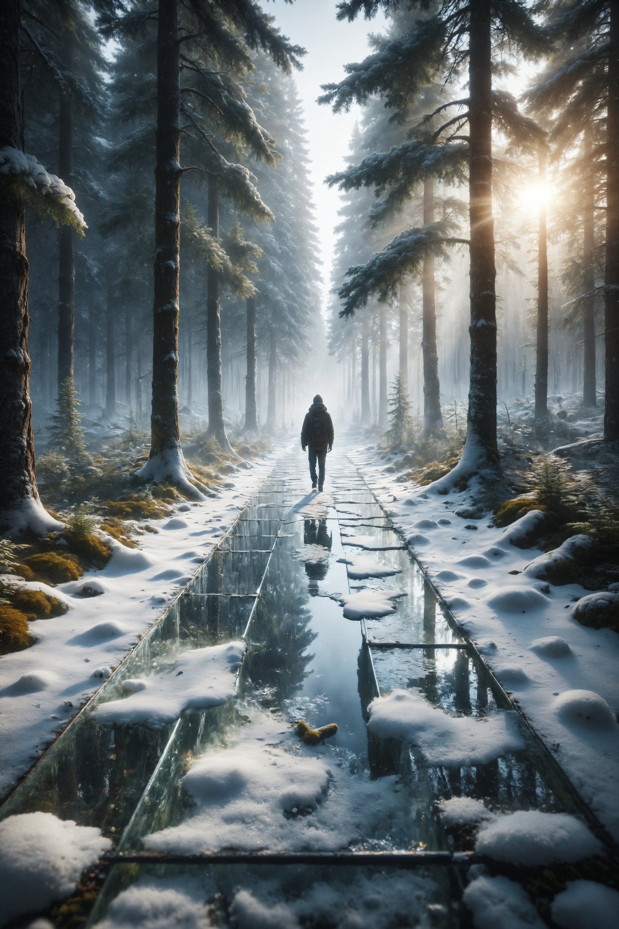 Design a scene of a person walking on a glass path in a snow-covered forest.