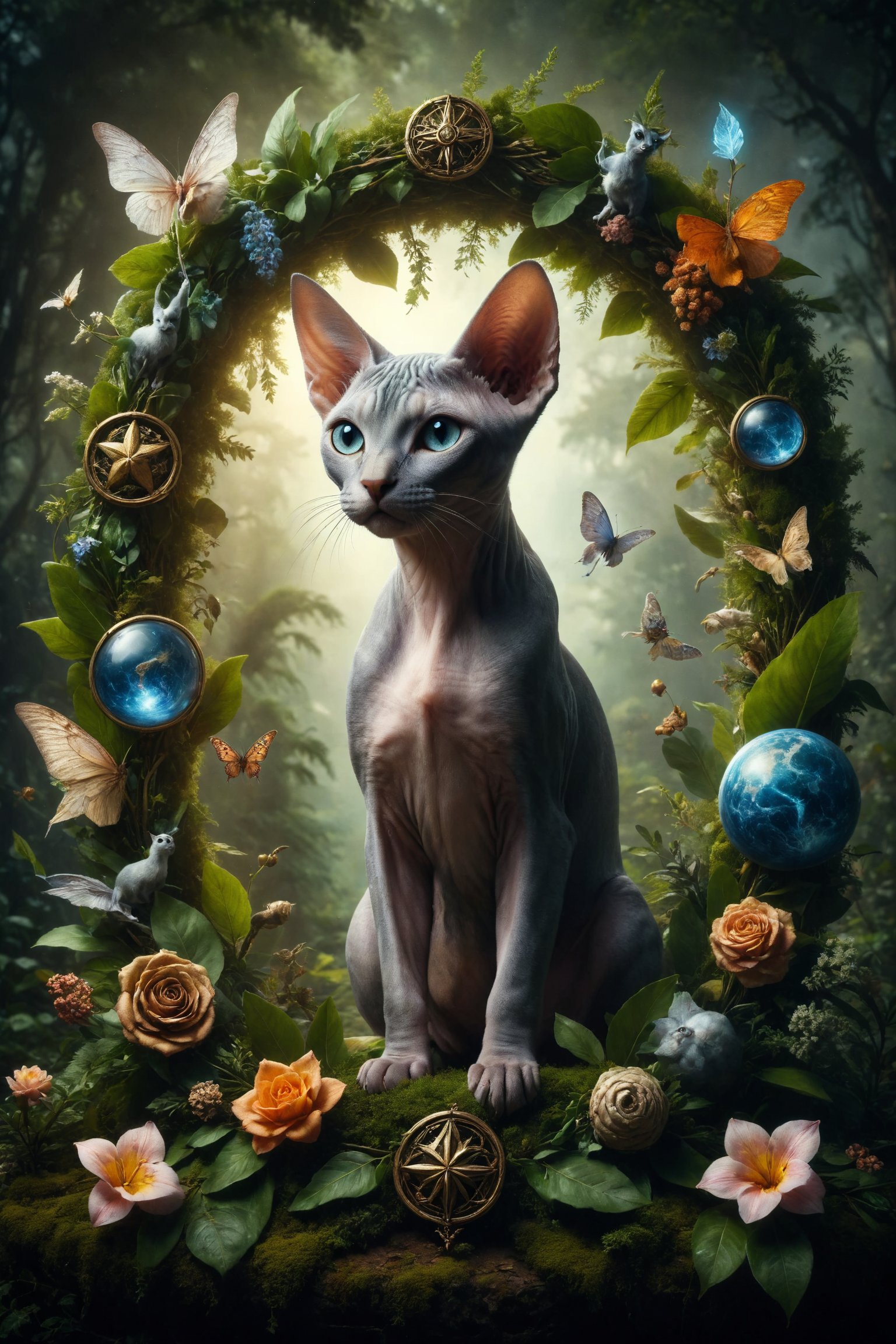 Generate a scene of a Sphynx cat at the center of a laurel wreath, surrounded by symbols of the four elements and mythical creatures, symbolizing completion, integration, and universal harmony.