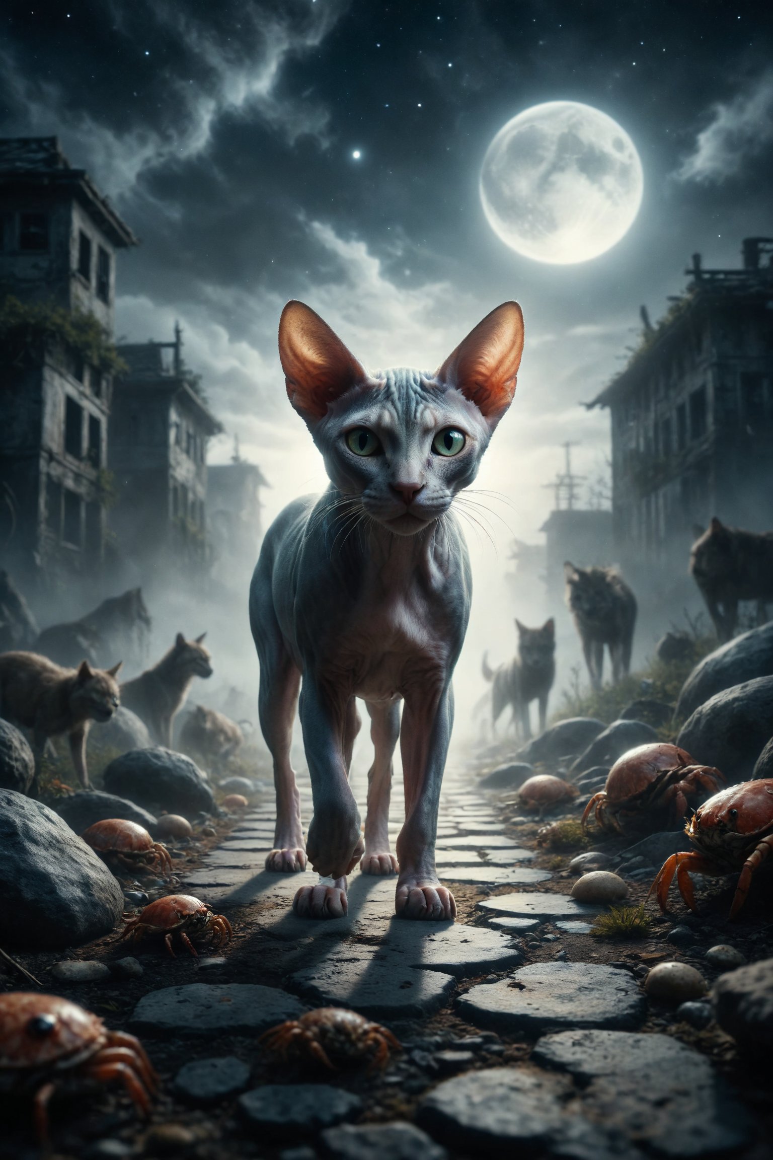 Generate an image of a Sphynx cat walking on a path under a full moon, surrounded by wolves and a crab, symbolizing intuition, mystery, and the hidden.