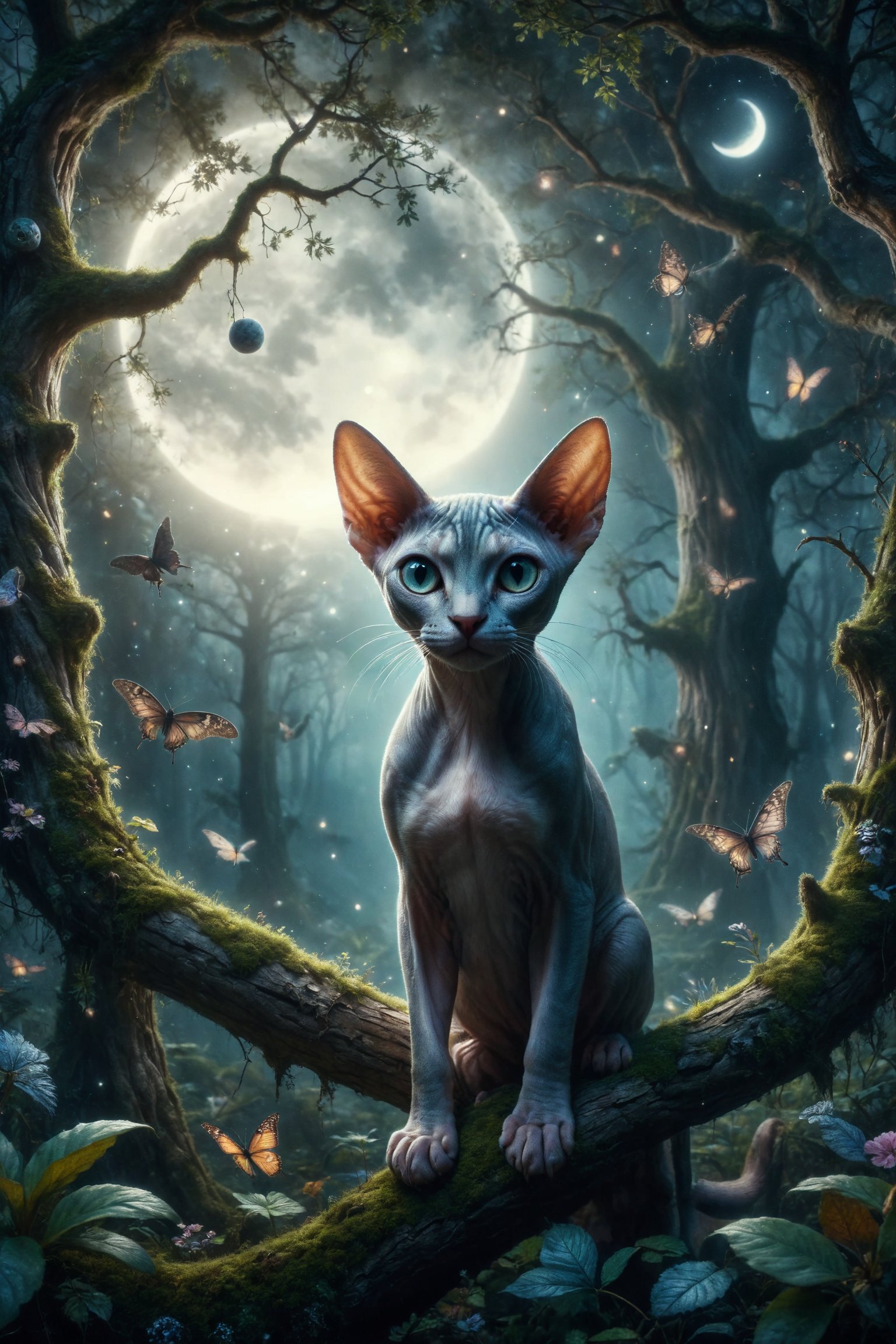 Create an illustration of a Sphynx cat with moon eyes, contemplating the nighttime landscape from a tree branch in an enchanted forest full of magical creatures.