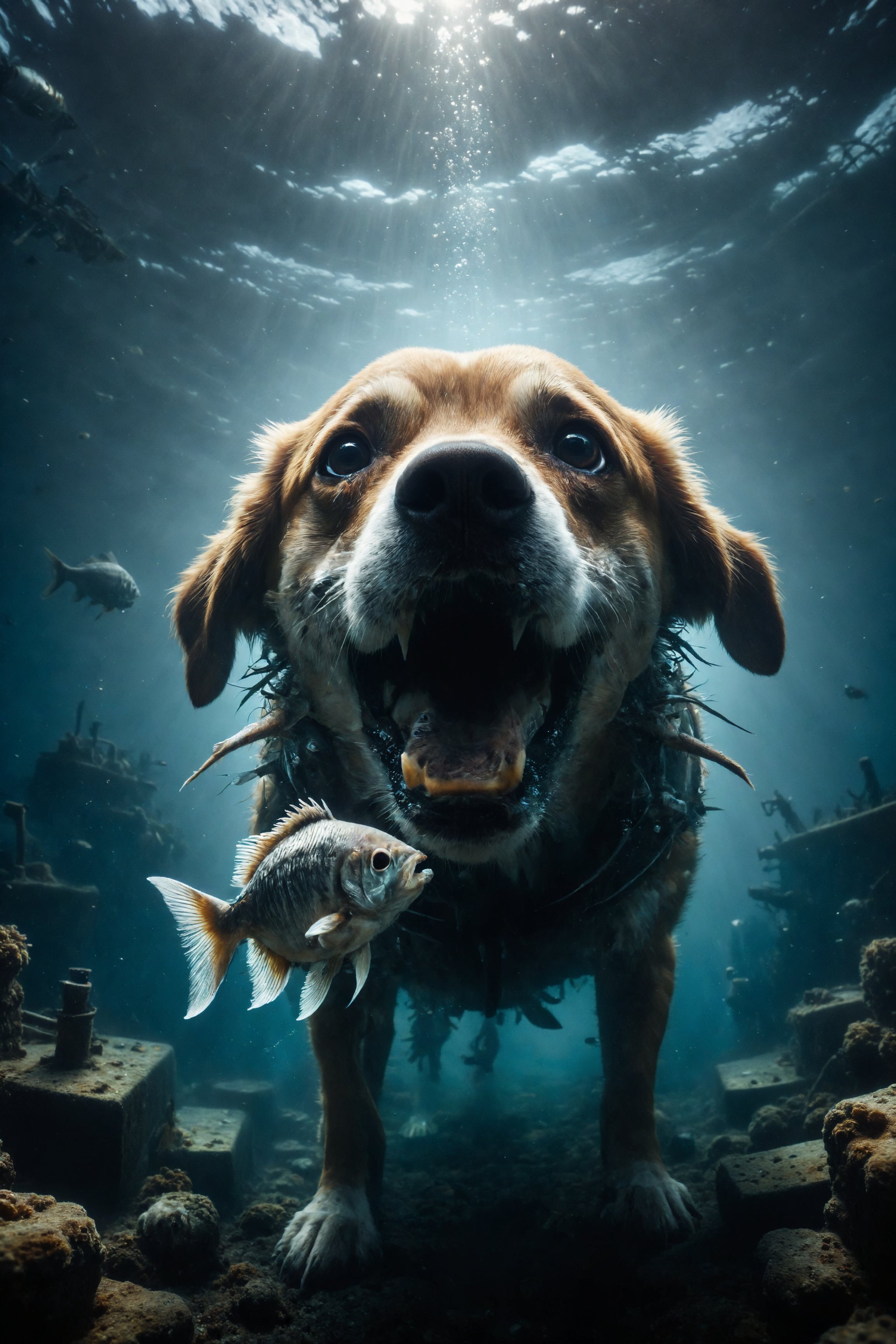 Generate an image of a dog with the gills of a fish exploring the depths of the ocean in a submarine.