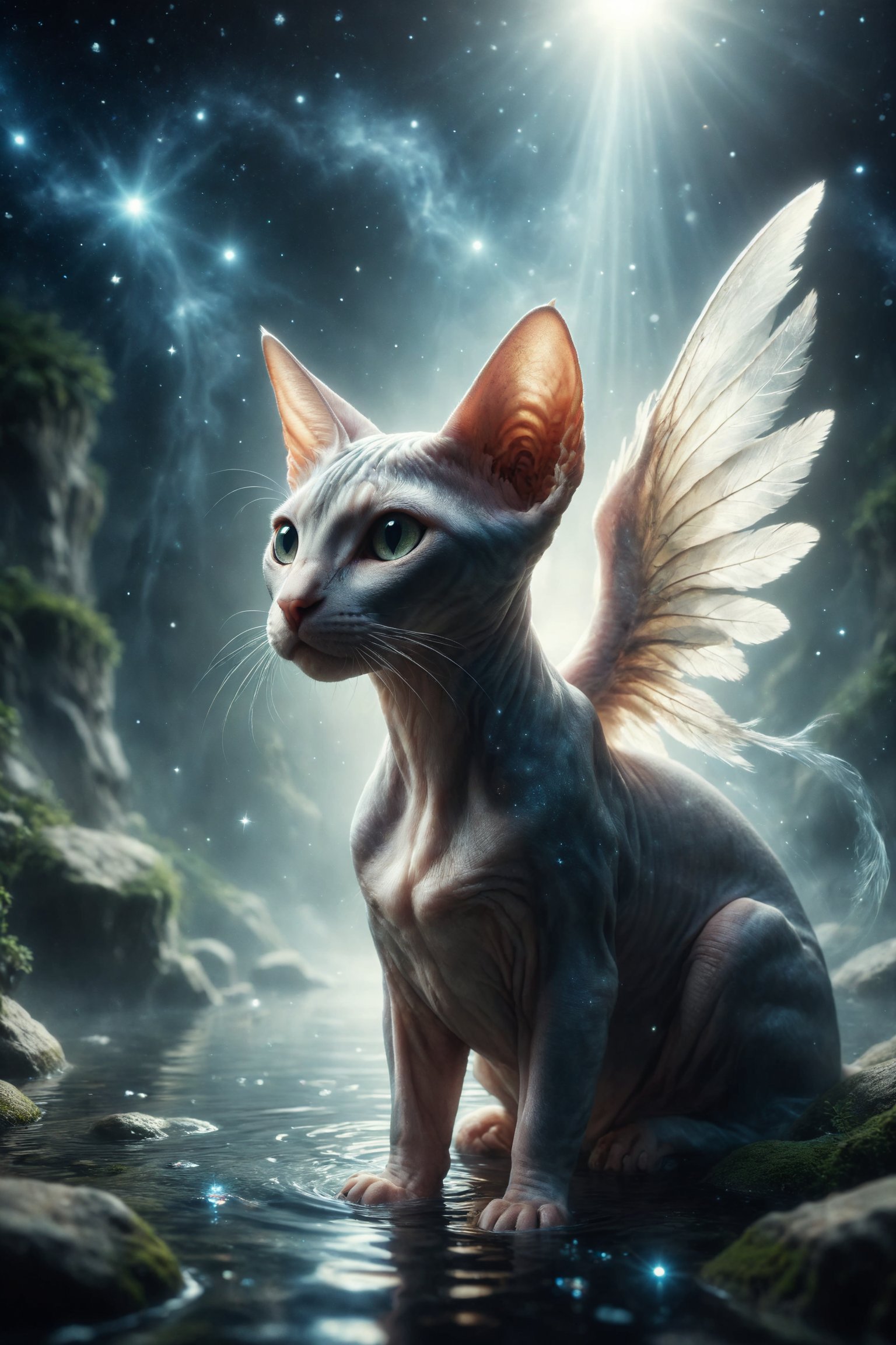 Create an illustration of a Sphynx cat with angel wings resting on a cascade of light in a dream valley, where the stars are reflected in the crystal waters while the breeze gently caresses its skin.