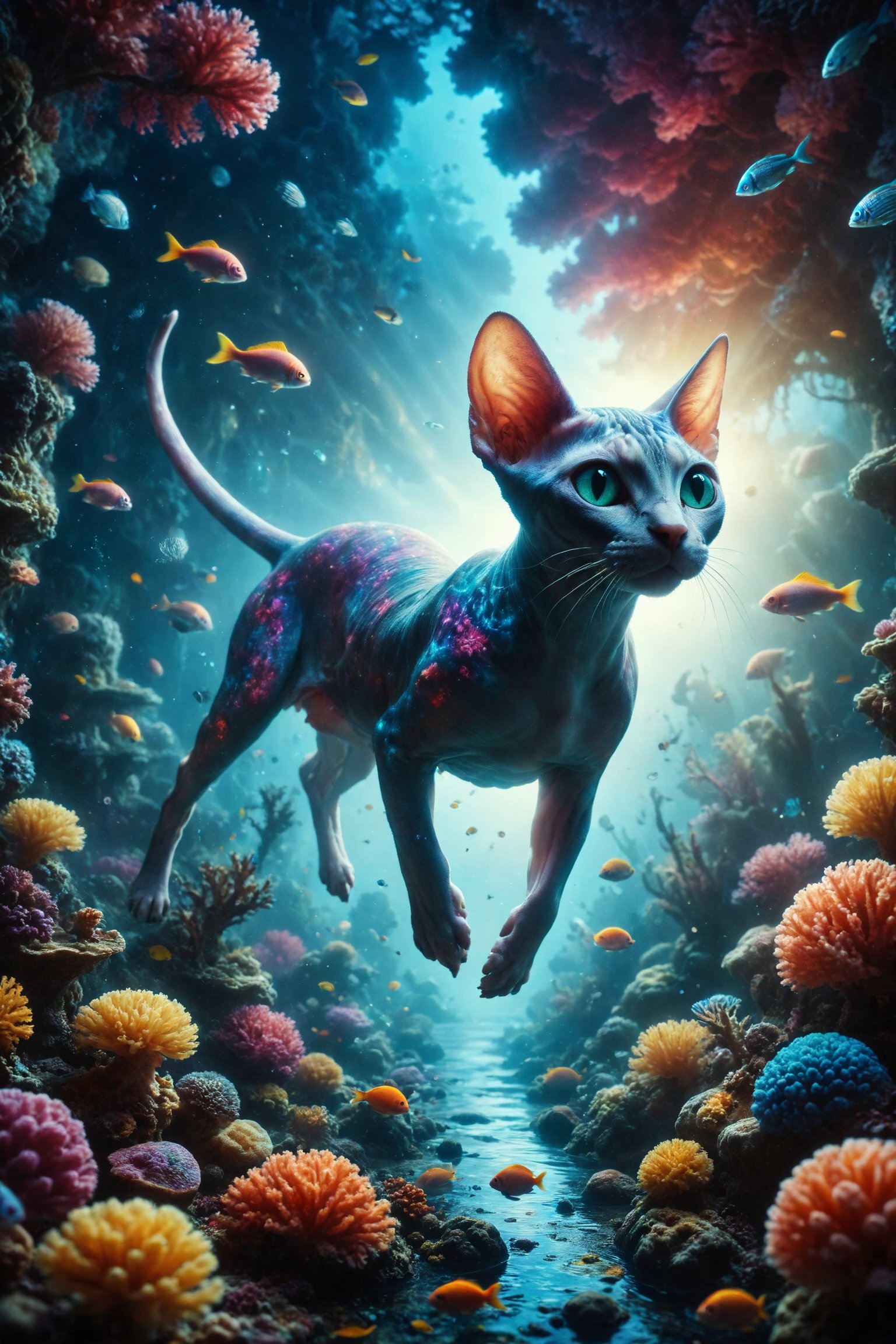 Design a fantasy scene where a Sphynx cat with neon skin dives into an ocean of light in an underwater world full of glowing corals and brightly colored fish.