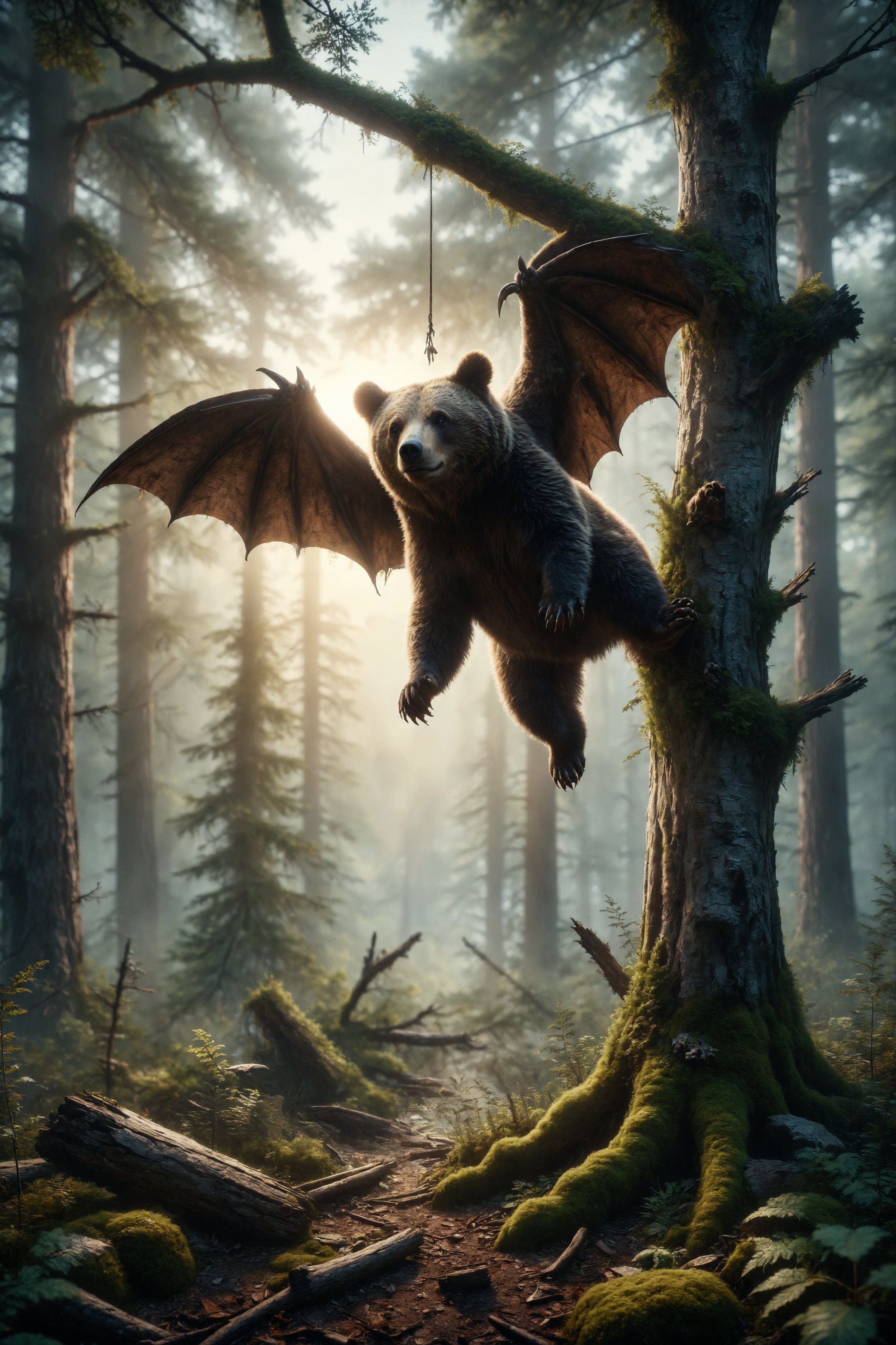 Design a scene of a bear with bat wings hanging upside down from a branch in a forest clearing.