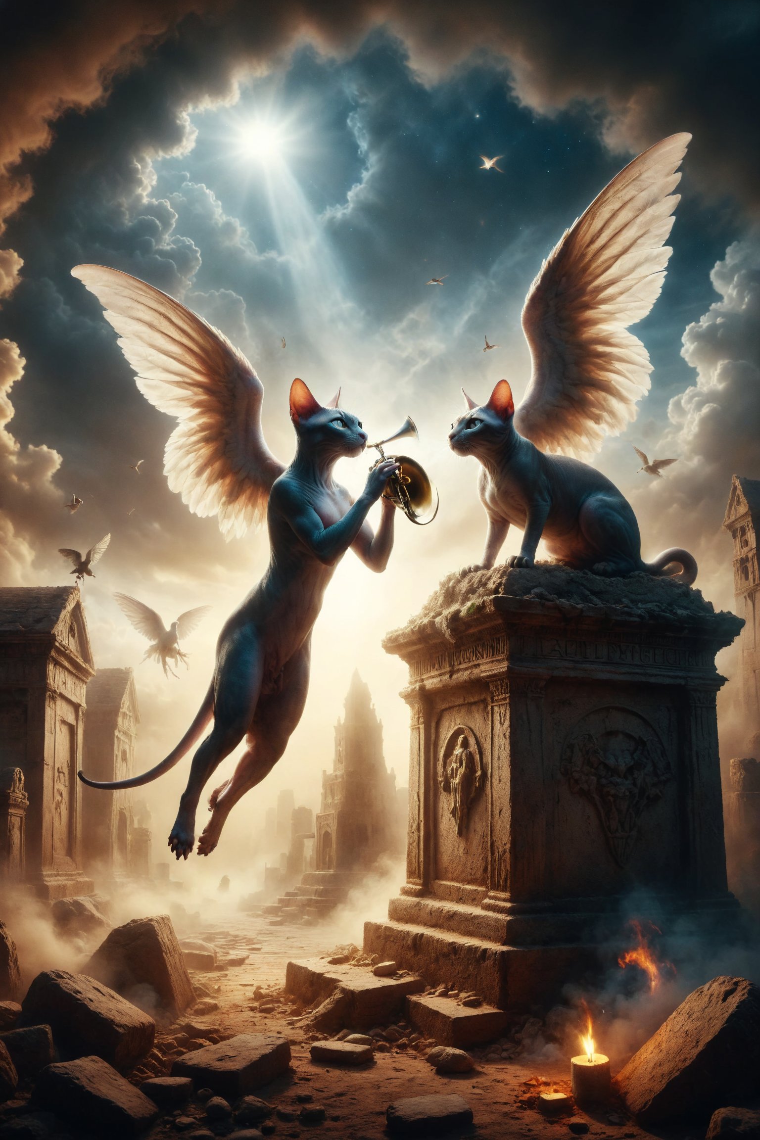 Design an image of a Sphynx cat emerging from a tomb while an angel blows a trumpet in the sky, symbolizing judgement, rebirth, and the call to a higher purpose.