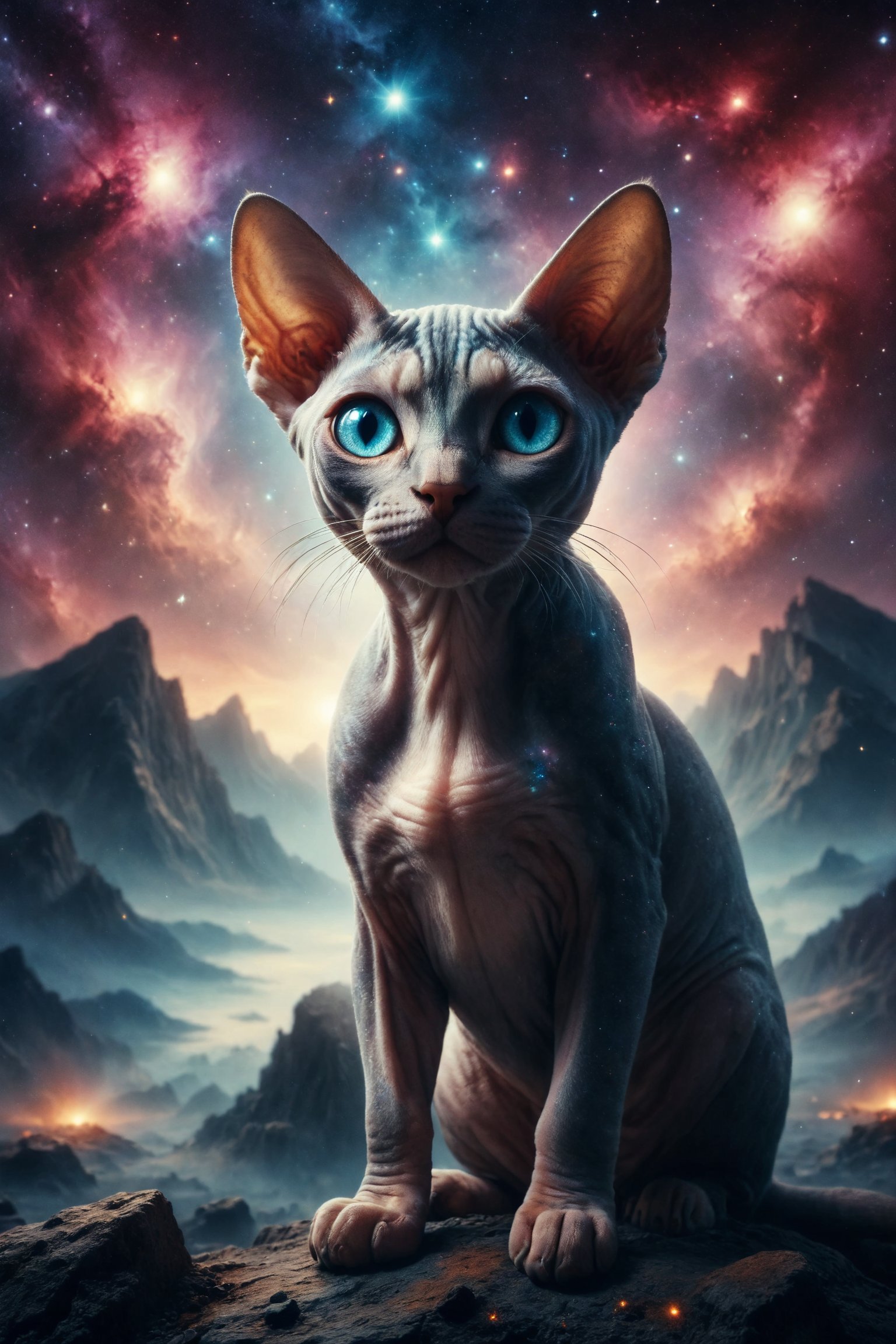 Generate a surreal image of a Sphynx cat with galaxy eyes gazing at the universe from the top of a mountain on a distant planet, while stars illuminate the infinite firmament.