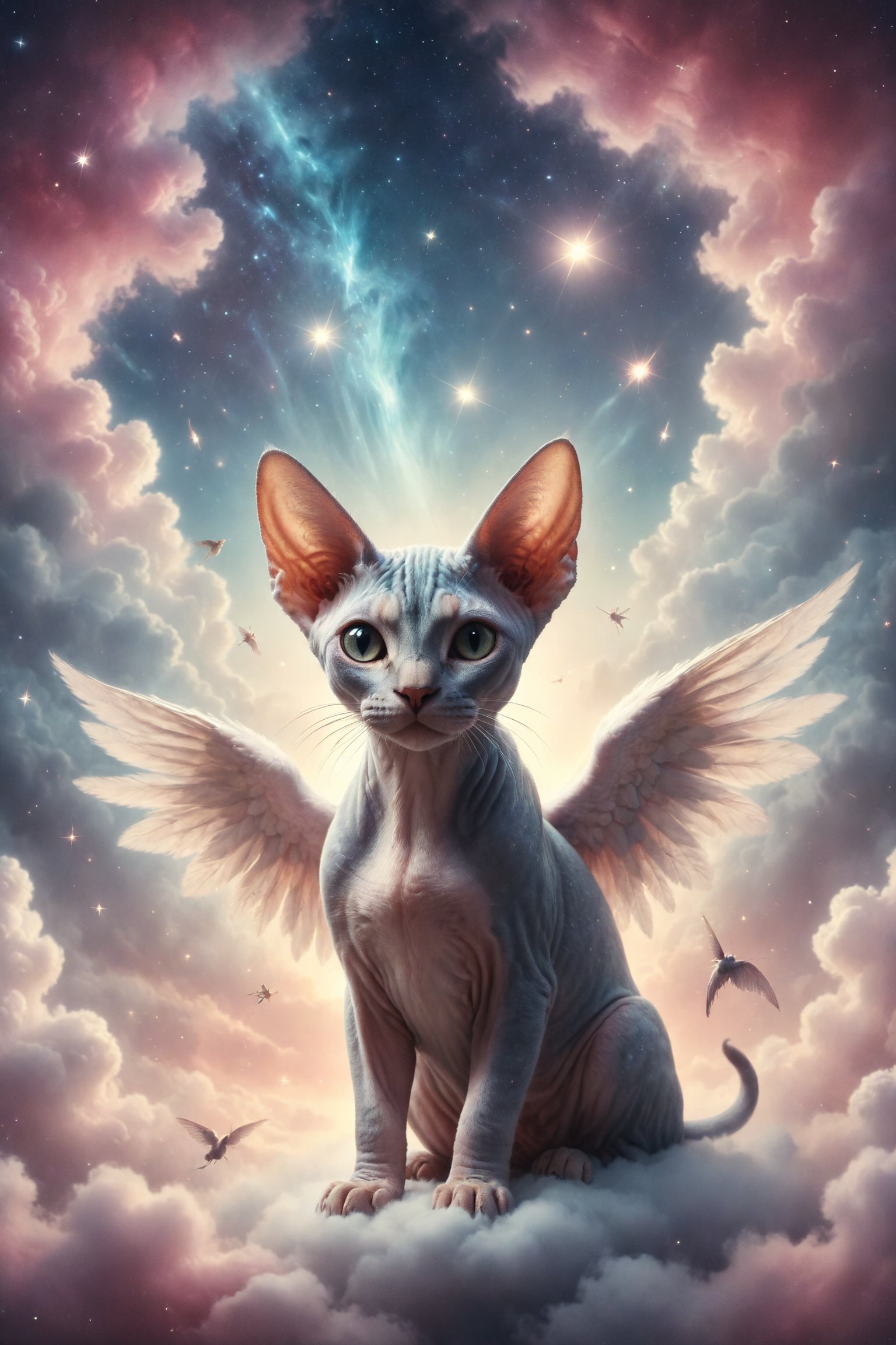 Create an illustration of a Sphynx cat with angel wings resting on a fluffy cloud in a pastel sky full of twinkling stars and shooting comets in a celestial paradise.