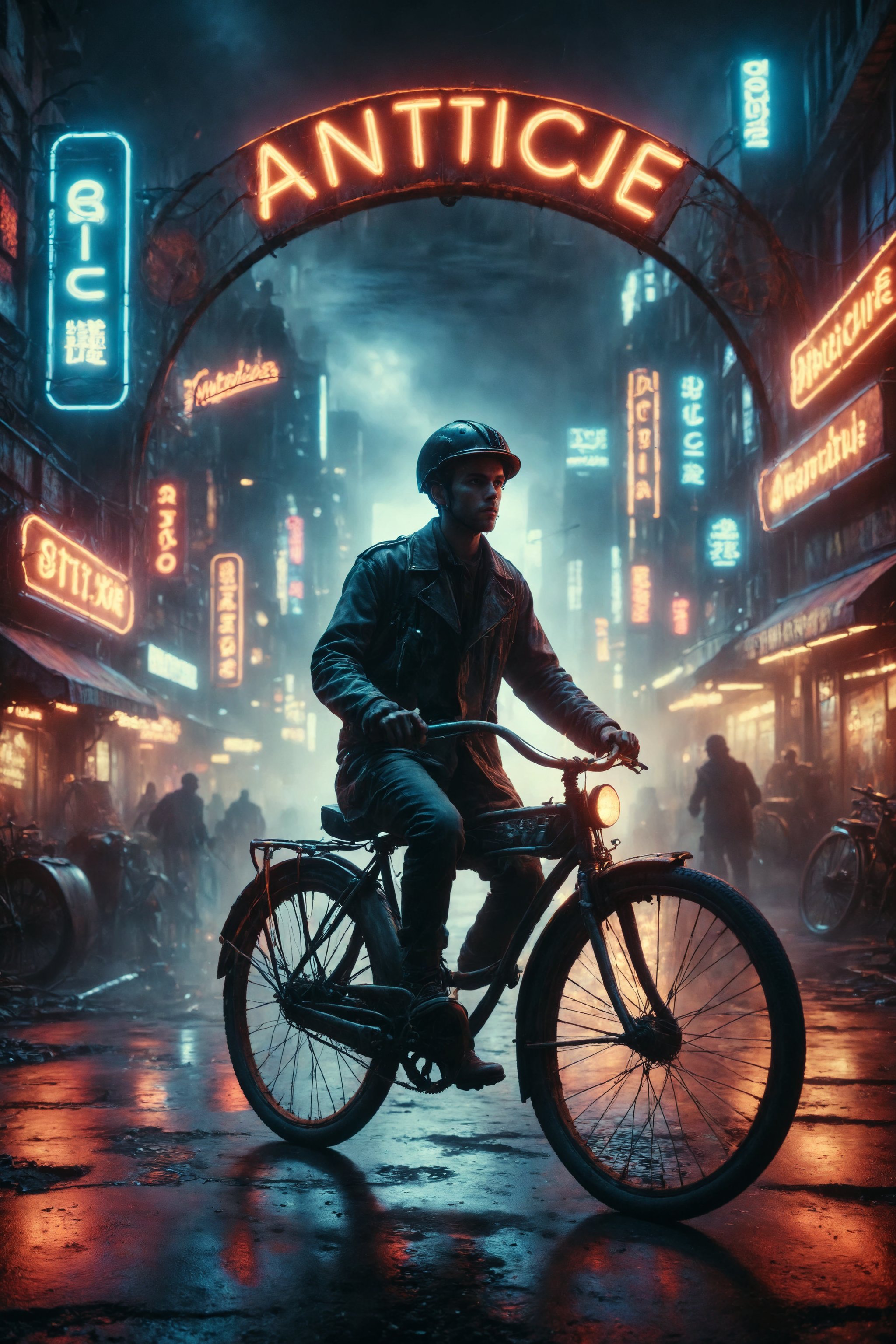 Generate an image of a person riding an antique bicycle in a futuristic city lit by neon lights.