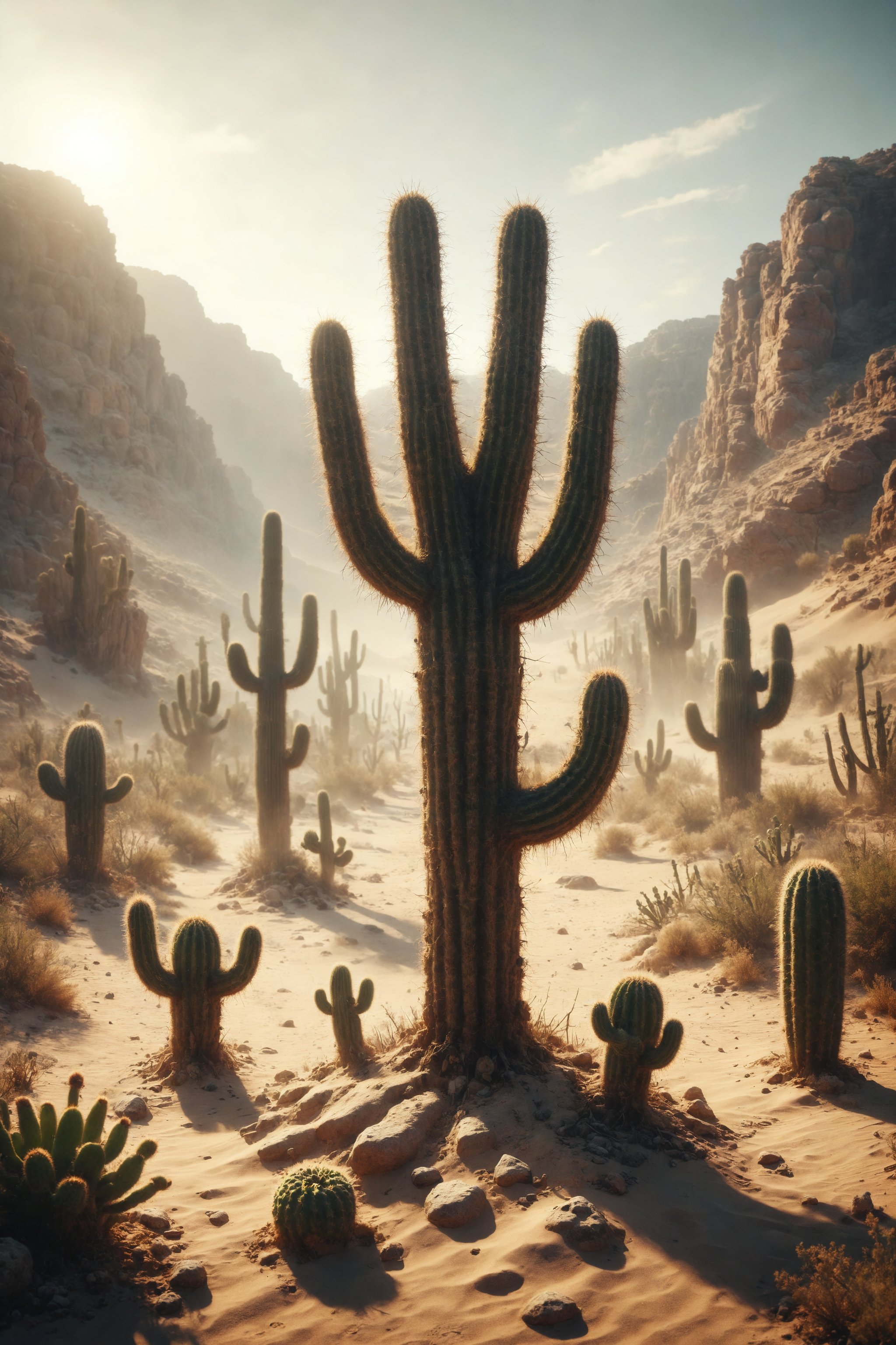 Design a scene of a desert where cacti have arms and hands and dance to the rhythm of the wind.