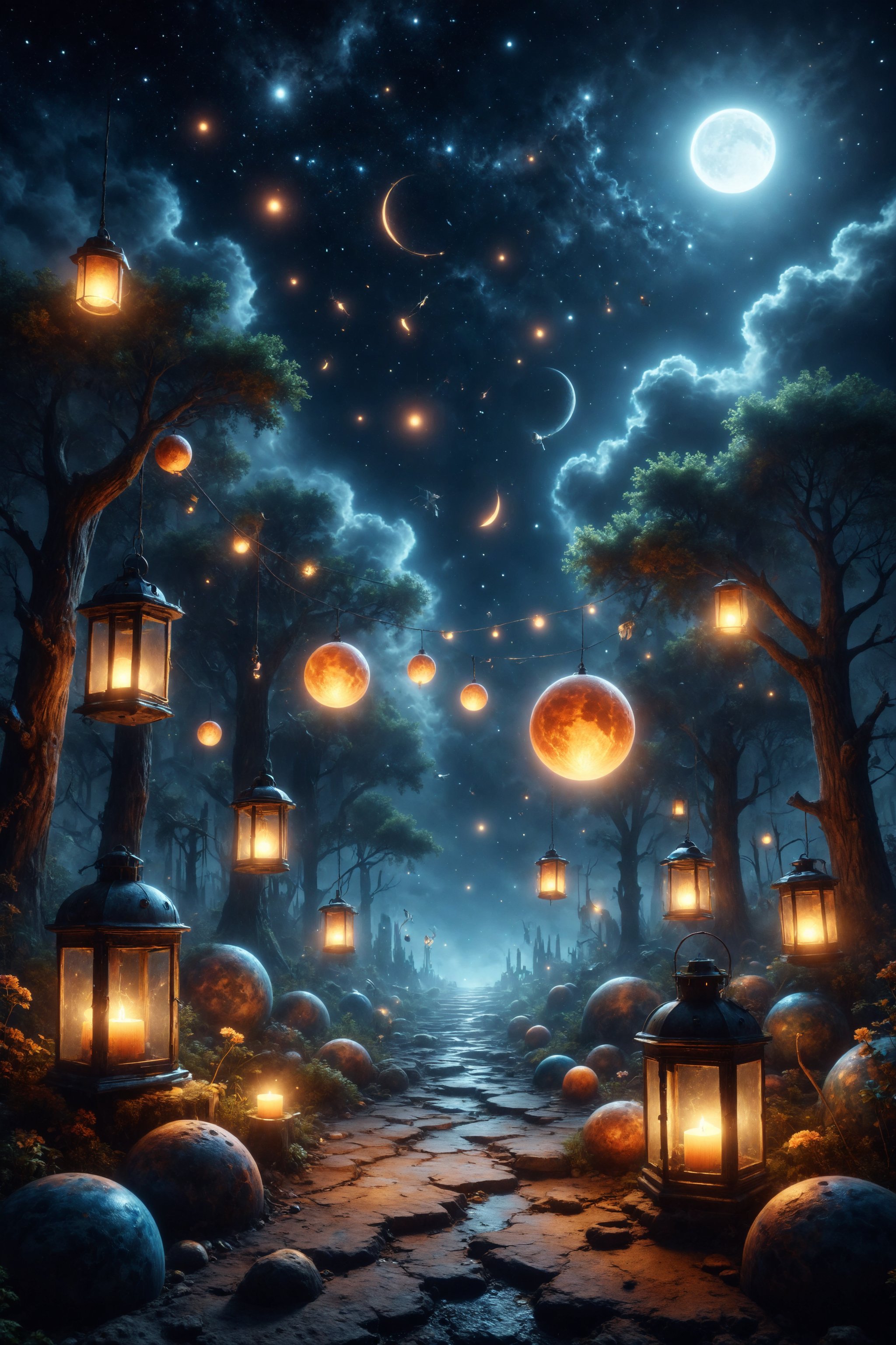 Design a scene of a nighttime sky where planets are glowing lanterns and stars are bright musical notes.