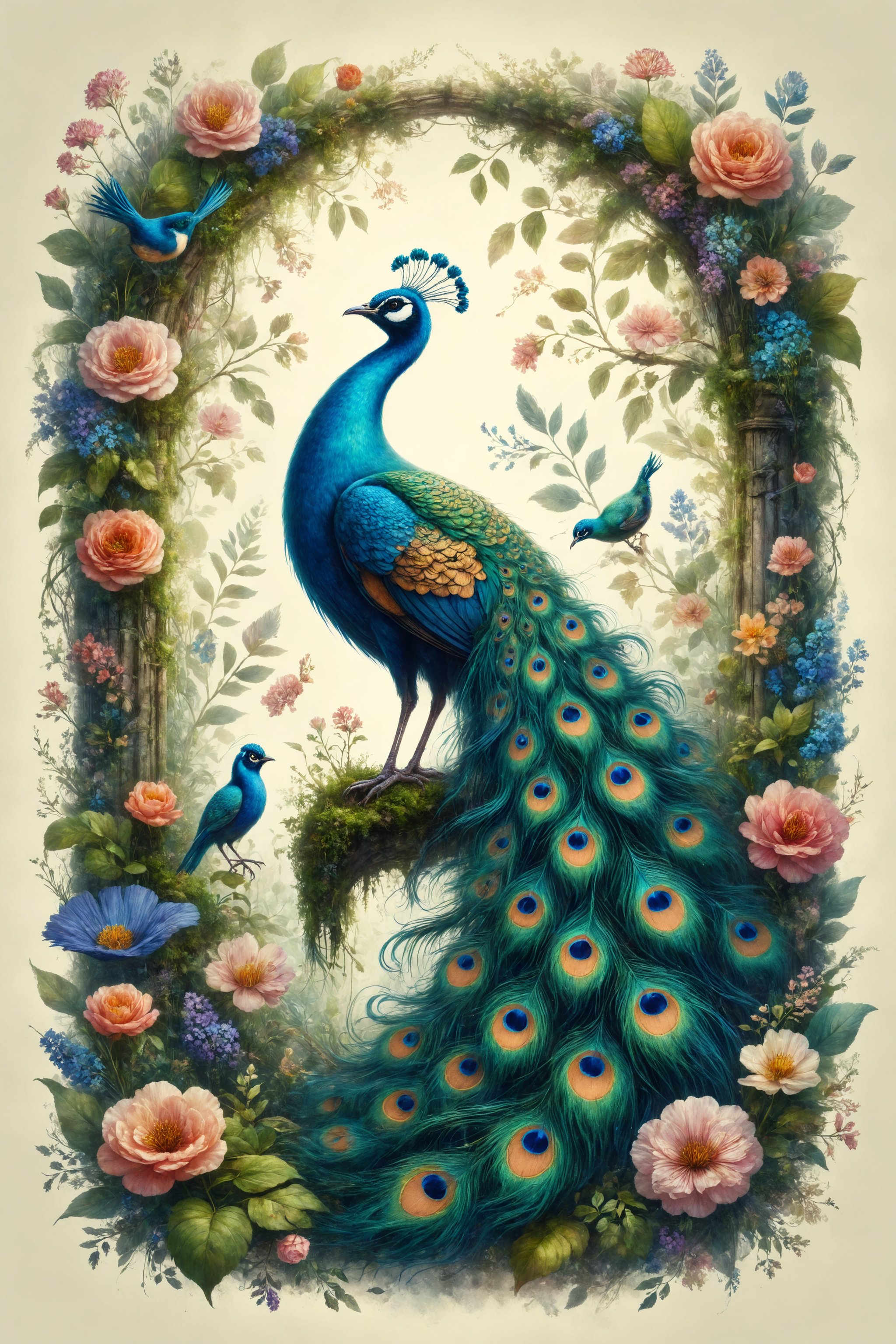 Create an illustration of a bird with the tail of a peacock singing enchanted melodies in a secret garden.