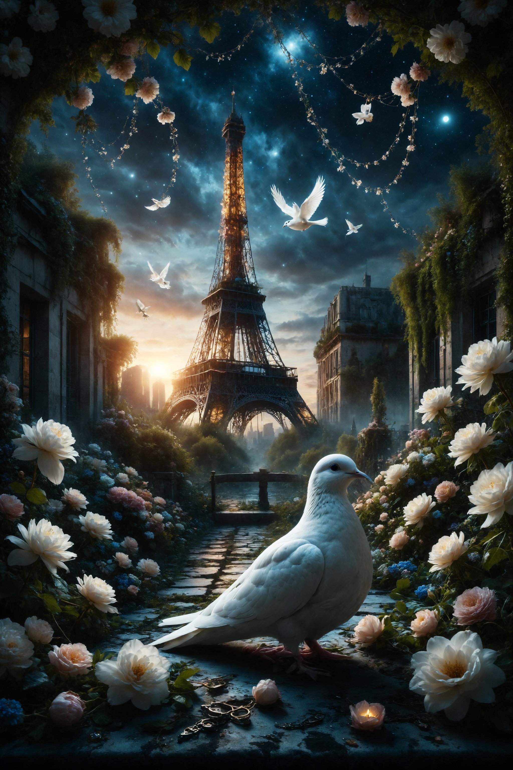 Create an otherworldly composition featuring a bioluminescent white dove resting on a bed of velvet petals amidst a garden of blooming flowers, entwined with shimmering chains, with the majestic silhouette of the Eiffel Tower looming in the background. This surreal tableau merges natural beauty with urban grandeur in a captivating nocturnal setting.